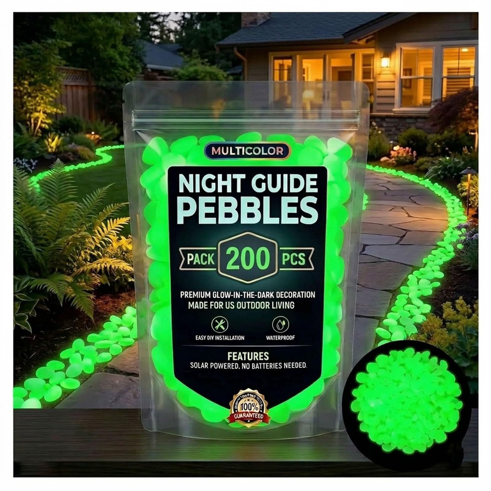 200Pcs Glow in The Dark Pebbles for Garden,Resin Pebbles,Luminous Stones for Pathway, Aquarium, Yard, Driveway, Fish Tank,Luminous Decorative Pebbles for Planters, Outdoor Decor (Green)