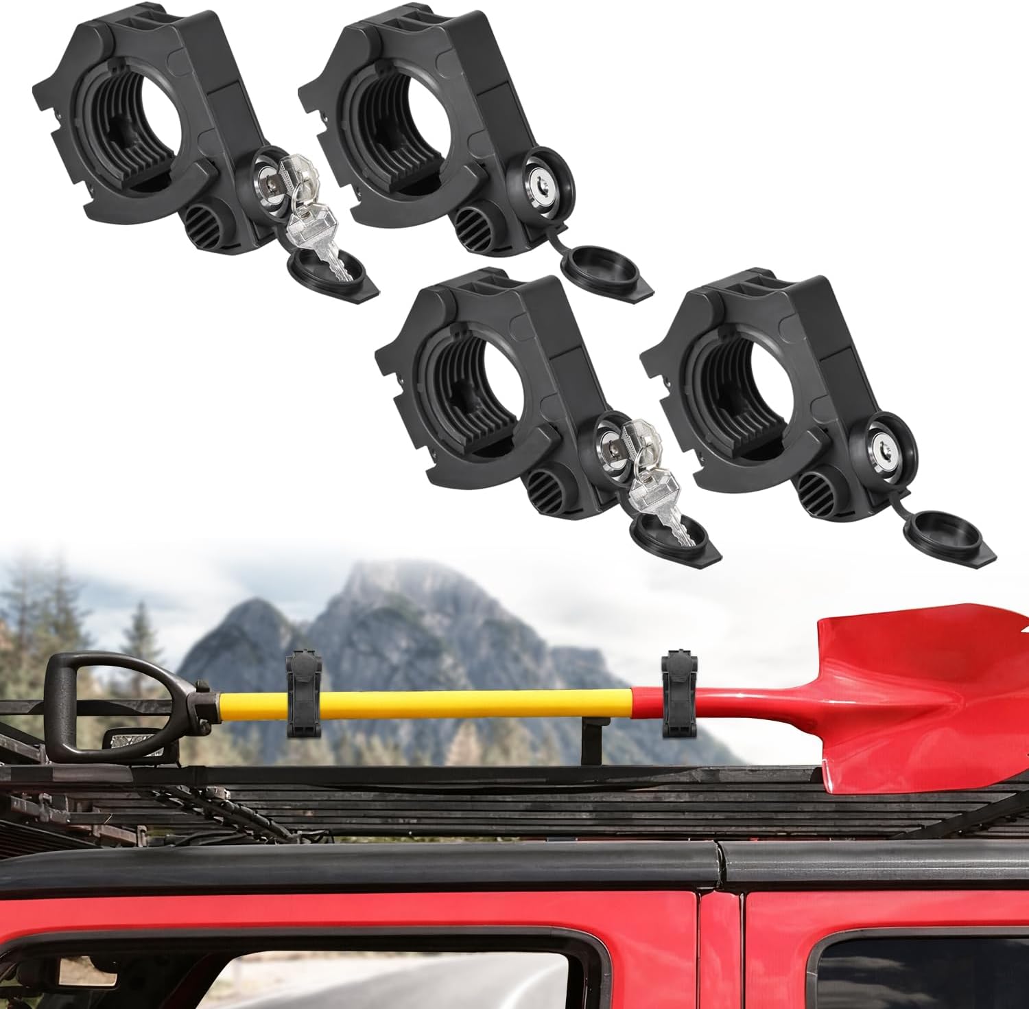 Shovel Holder Rubber Grip Mount Kit with Lock Fits 1.18"-1.97" Tools Handles Compatible with for UTVs ATVs SUVs Trucks M6 Nut Roof Rack Molle Panel Rubber Clamp Mounting Bracket