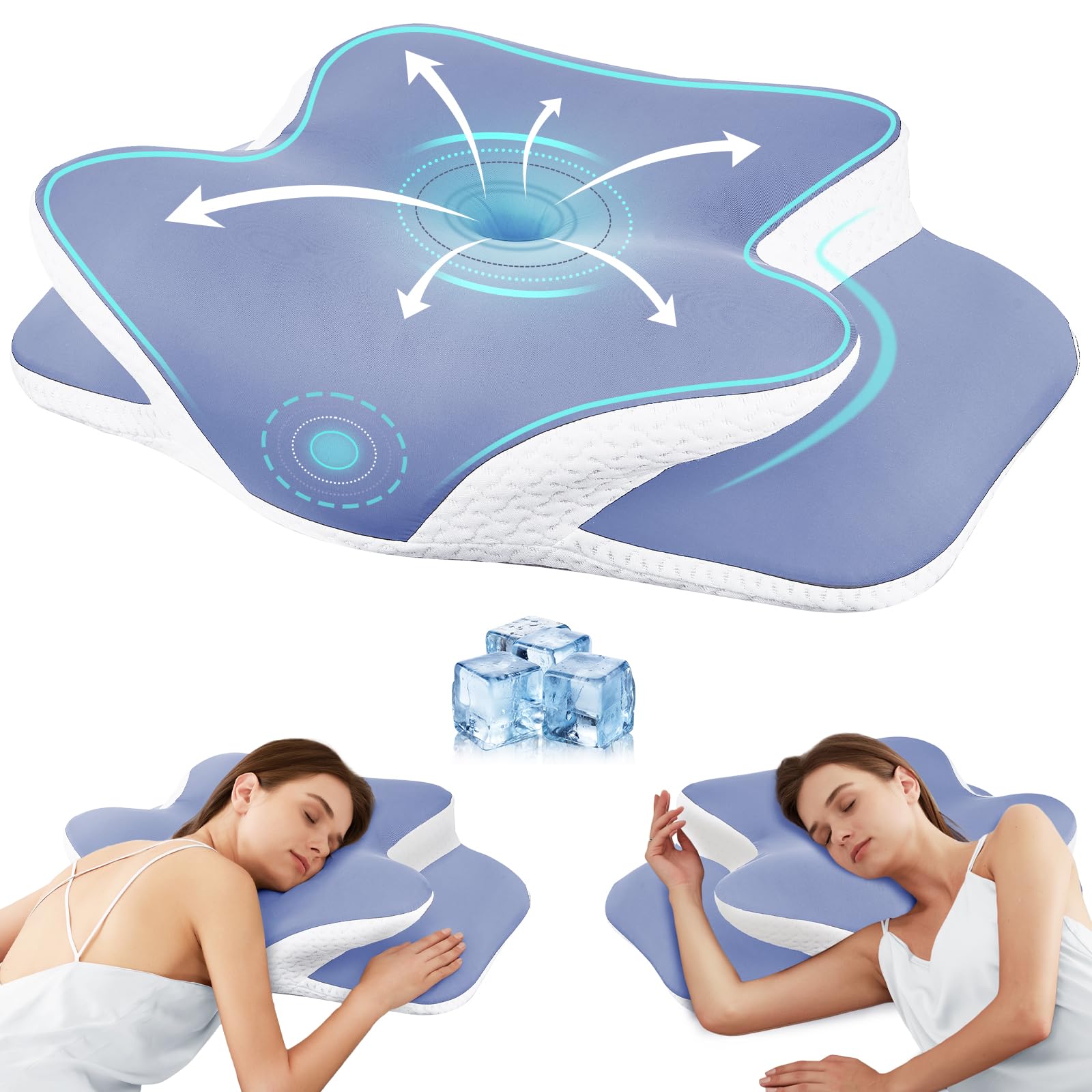 Cervical Neck Pillow for Neck Pain Relief Support - Cooling Ergonomic Memory Foam Pillow with Dual-Height Contour Ice