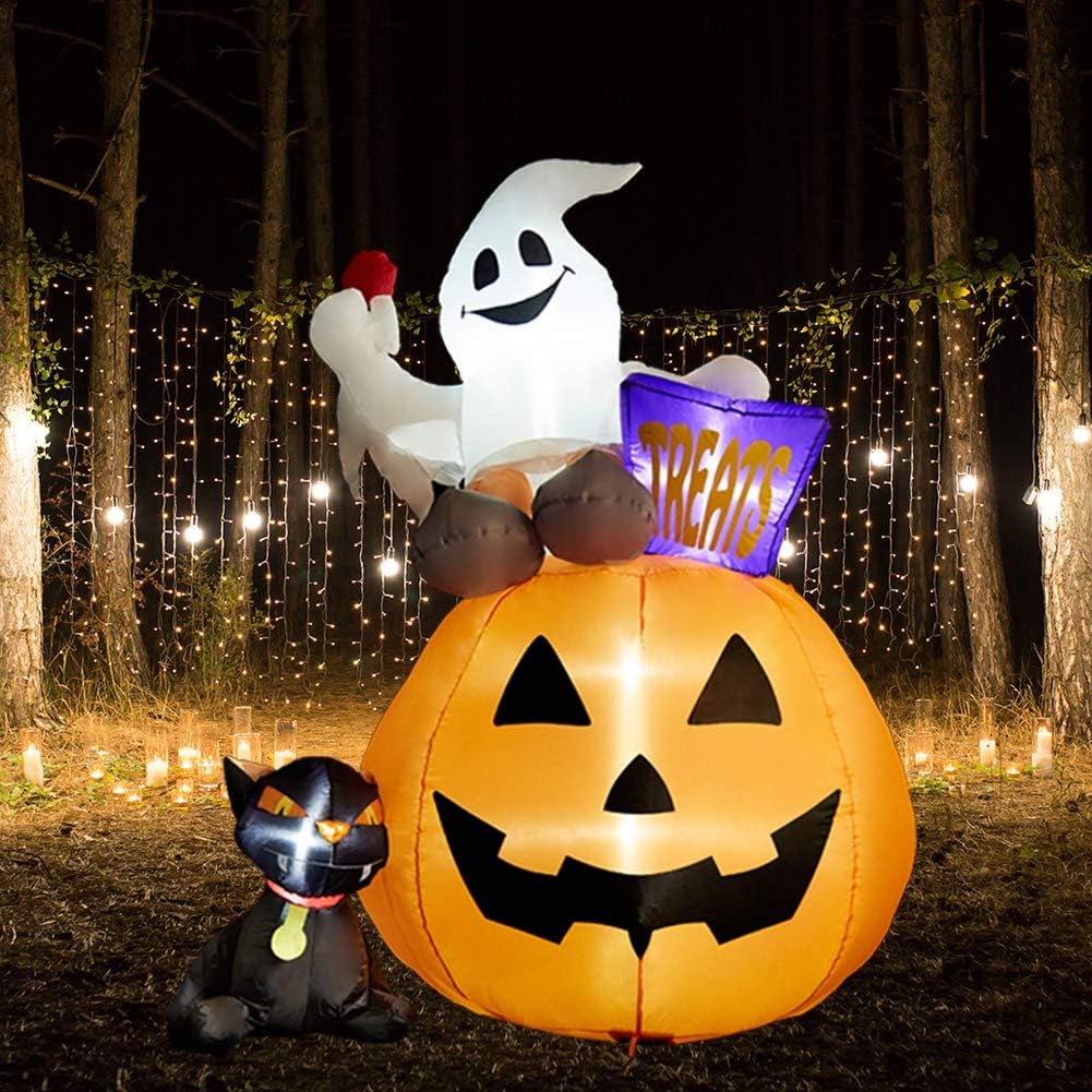 Superjare 6 Ft Inflatable Lantern-Ghost-Cat, Blown up Halloween Decoration with LED Light, Tall, Indoor & Outdoor, Yard & Lawn Decor