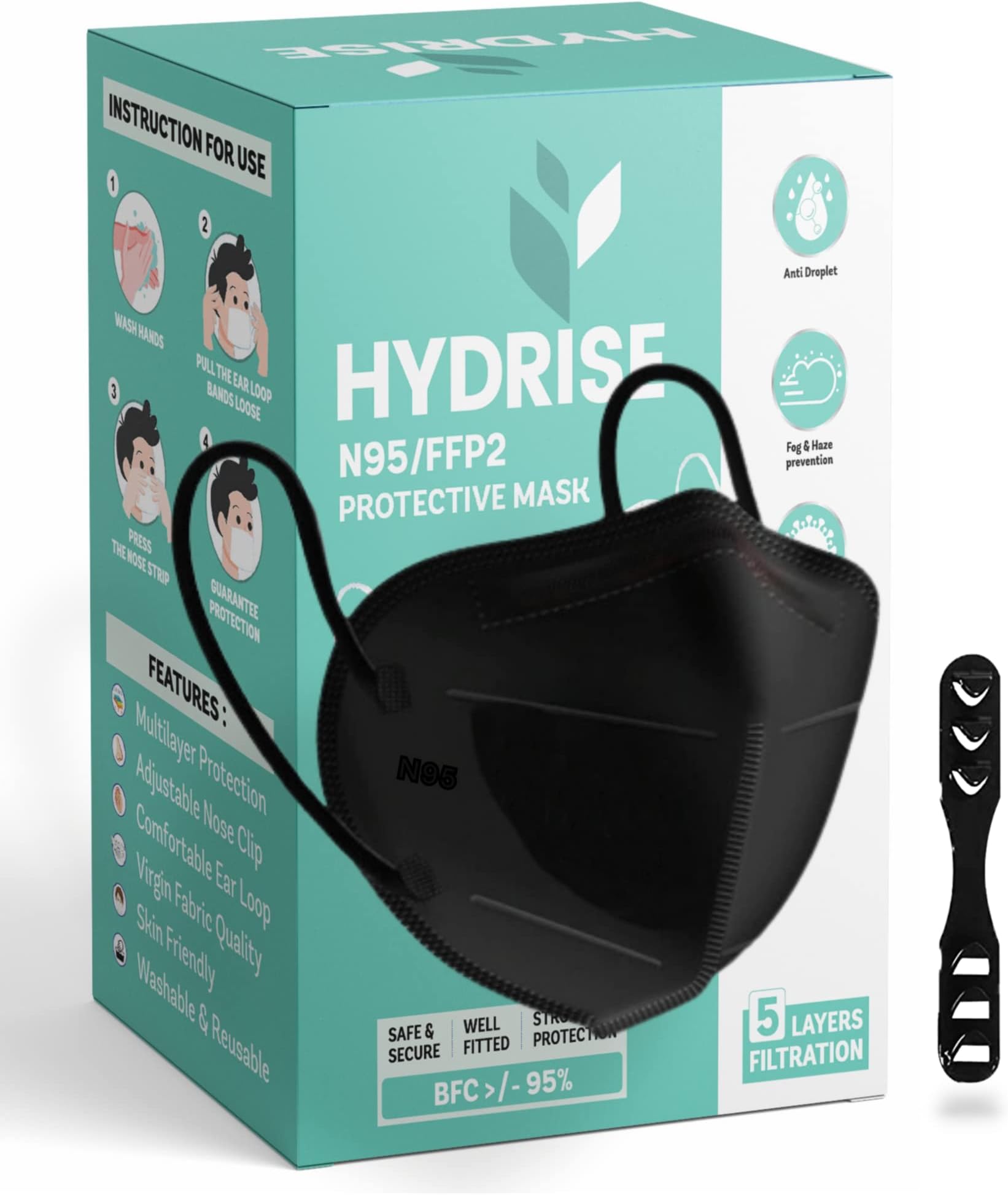 (Pack of 10 (Black) Premium N95 Mask For Men and Women with Mask Adjuster - Washable - Reusable - Pollution - Protection - Advance Filtration