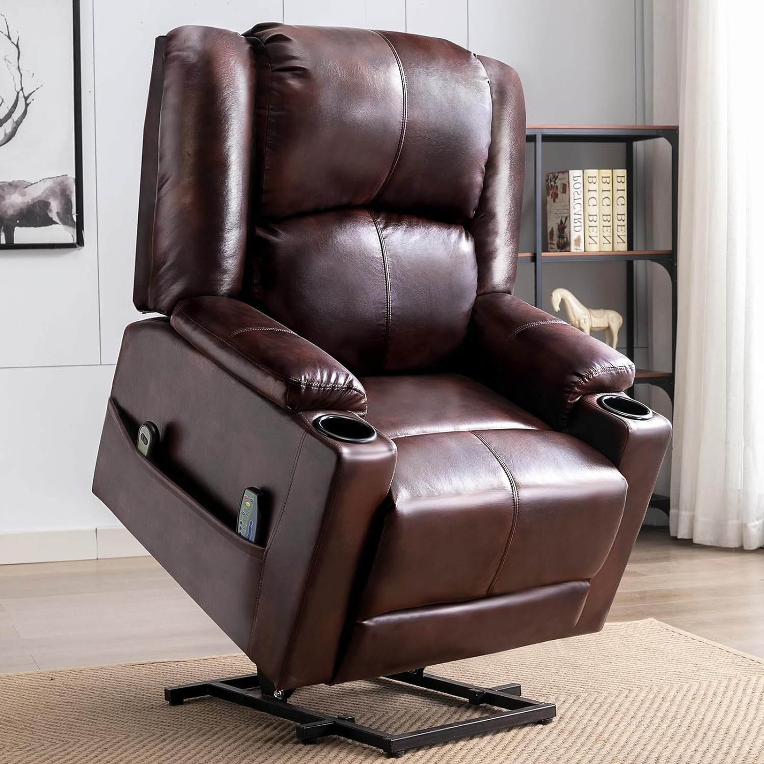 COMHOMA Sillón Reclinable Eléctrico Función de Elevación, Masaje y Diseño Ergonómico – Silla para Personas Mayores de Cuero PU con Respaldo y Reposapiés Ajustables, Marrón