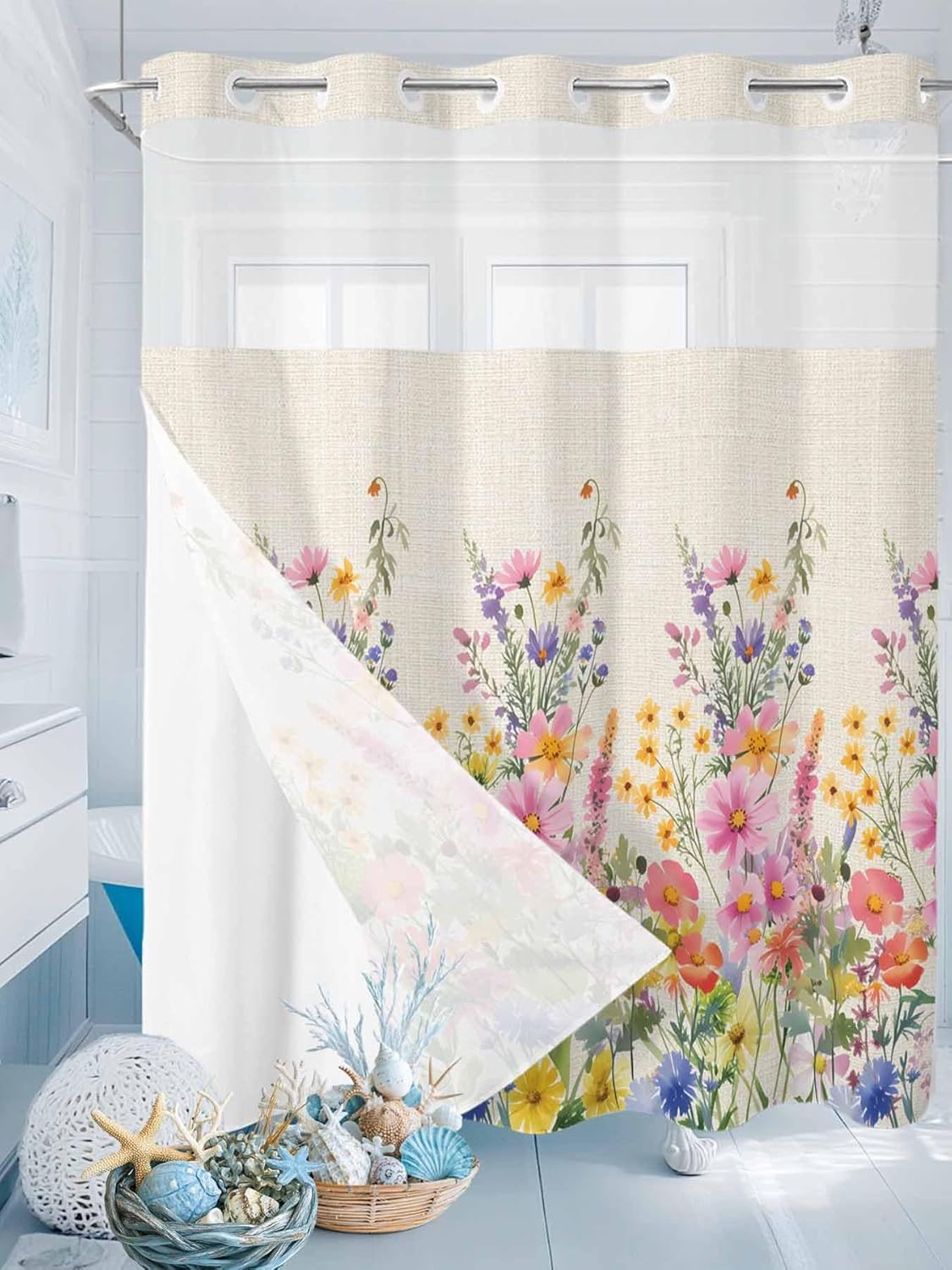 No Hooks Shower Curtain with Snap Liner Coloful Flowers Spring Floral Retro Watercolor Linen Bath Curtain with See Through Top Window 72"x72" for Bathroom Spa