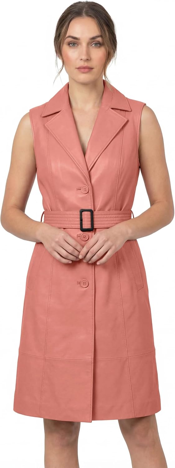 J'JACKIN Women's Belted Leather Dress Coat - Real Lambskin Leather Sleeveless Trench Coats for Women