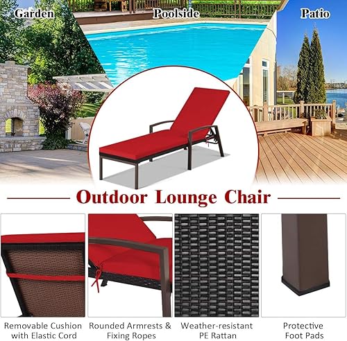 Miniatura 5 de DORTALA Juego de 2 tumbonas para patio, tumbonas de mimbre para exteriores con respaldo ajustable y reposabrazos para playa, piscina, patio, tumbona