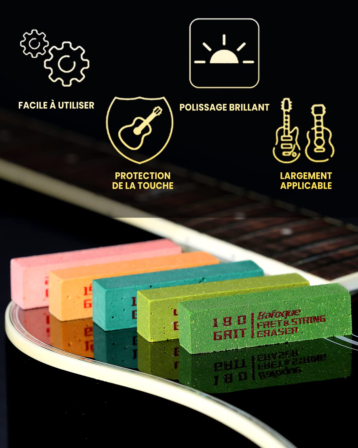Baroque Gomme Frettes Guitare, Polissage de Nettoyage de Frette, Kit d’outils de Polissage de Frettes, Nettoyer les Frettes/Cordes/Métal, Ensemble de 5 (180& 400& 1000& 1500& 2000 grains) | Kit d’outils de Polissage de Frettes, Nettoyer les Frettes/Cordes