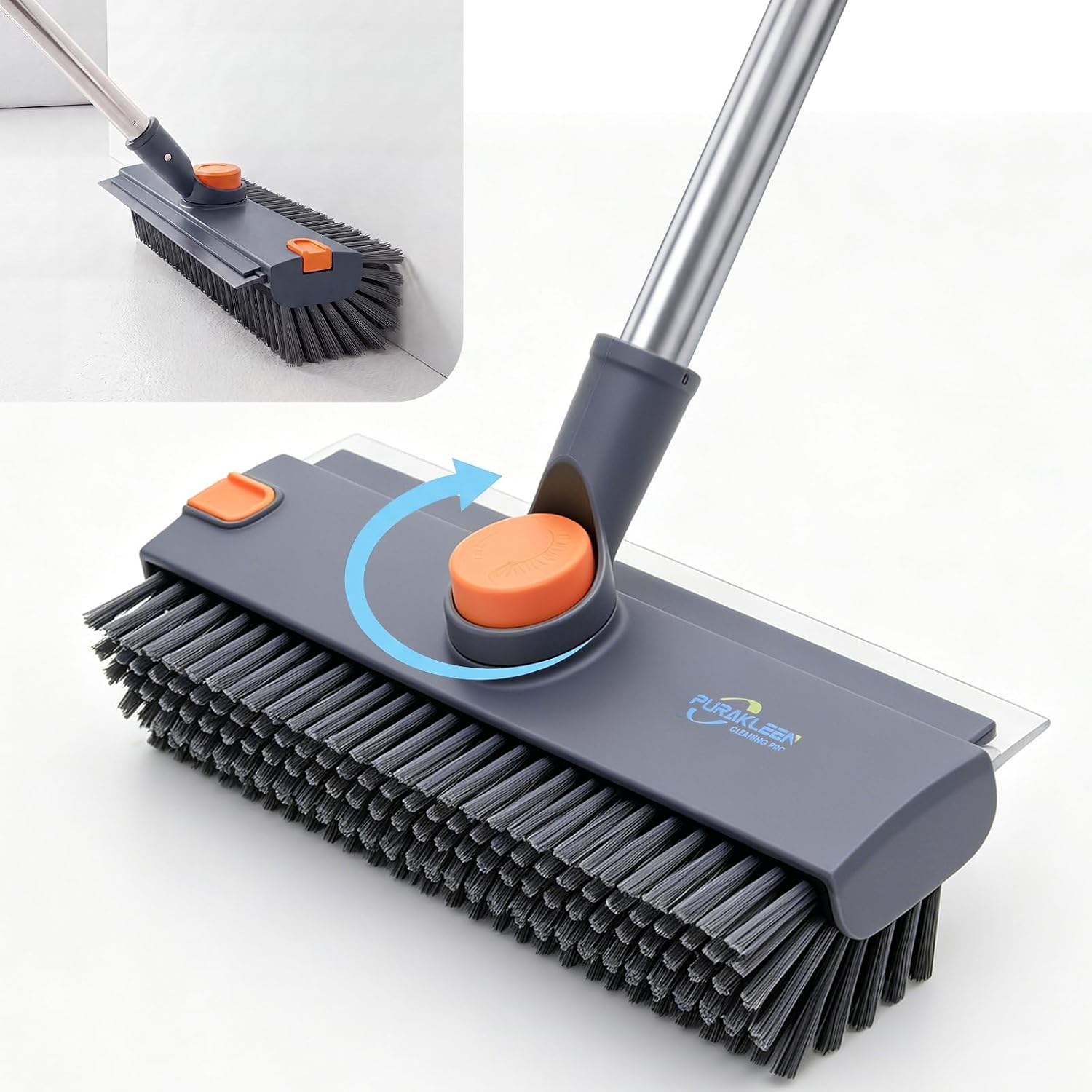 3 in 1 Floor Scrub Brush, Heavy Duty 90° Bristle with Squeegee (Gray)
