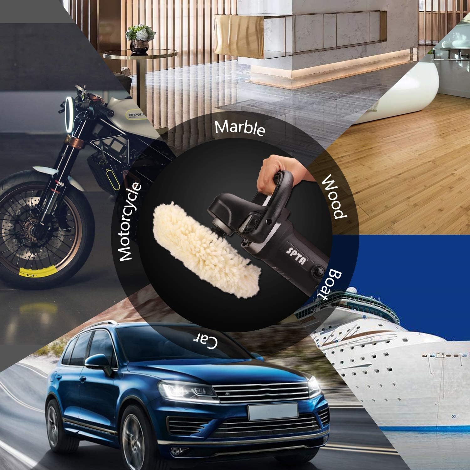 Wool Polishing Pads, SPTA 6"(150mm) 100% Natural Wool Buffing Pad with Hook & Loop Backing 4pcs Set Come with 5/8-11 Thread Backing Plate for Car Polishing, Buffing and Cutting