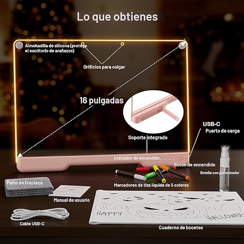 Miniatura 7 de Tablero de Notas LED Doodle Glow Recargable de 16 Pulgadas, 7 Modos de Luz de Color, Almohadilla de Dibujo de Arte Neón de Borrado en Seco Iluminada