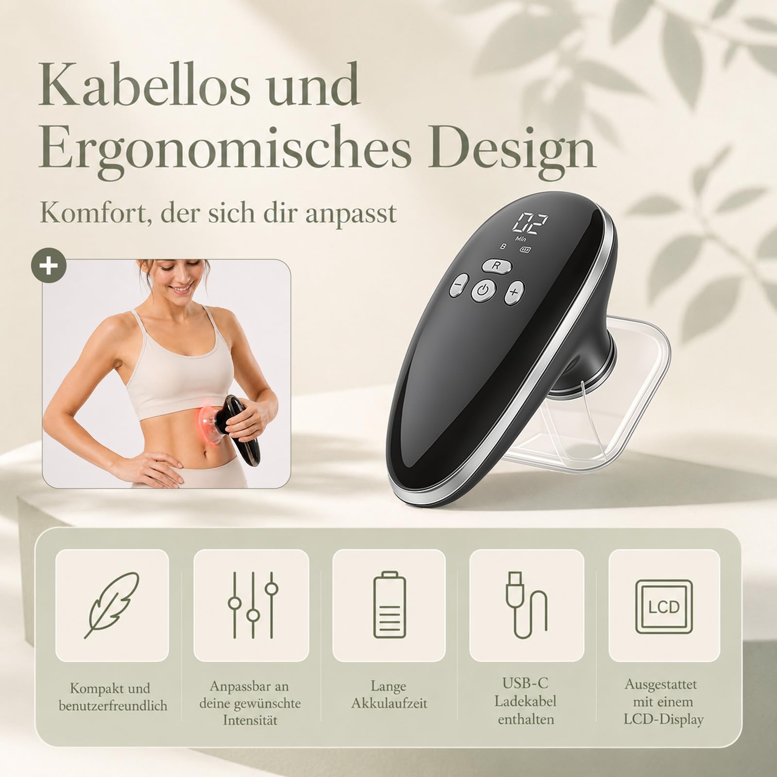 3-in-1 Anti Cellulite Massagegerät elektrisch: EMS, Vakuum Schröpfgerät, red light therapy, Lipödem/Lymphdrainage, Hautstraffung Bauch Beine Po Rücken, 3 Modi 10 Stufen, Sprachansage, 4 Aufsätze, Box