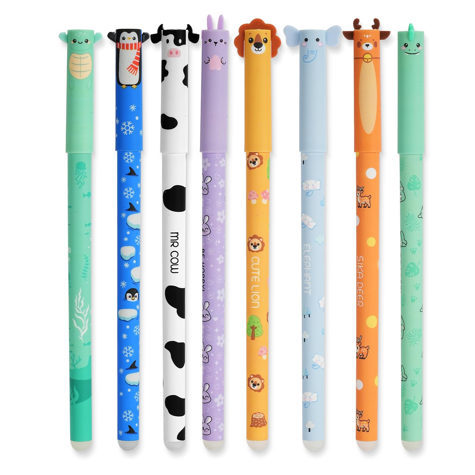 AUAUY 8 Pcs Erasable Gel Pens with Thermosensitive Erase Ink, 0.7mm Tip, 8 Ink Colors, Range of Barrel Designs, with Cute Cartoon Animal Designs, Rub Out Pens for Student Stationery Office Supplies — image 1