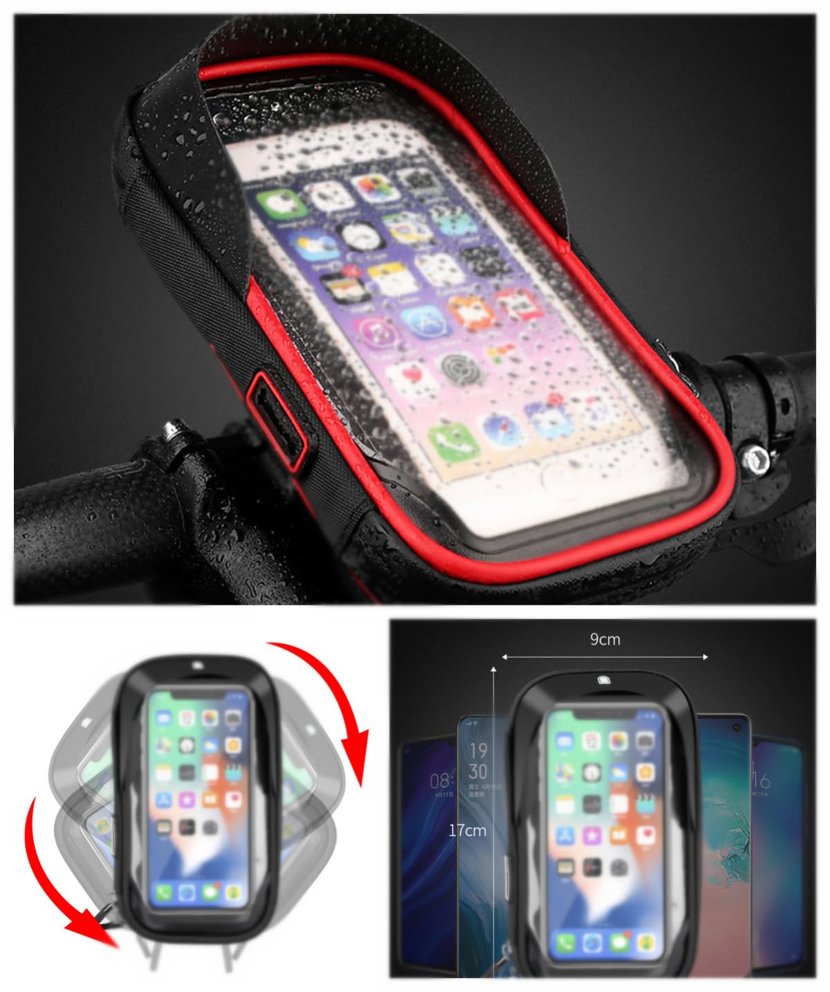 Bike Phone Holder, Waterproof Bicycle Phone Holder Stand Motorcycle Handlebar Mount Bag Cases Universal 6.4 Inch Phone Holder (Black)