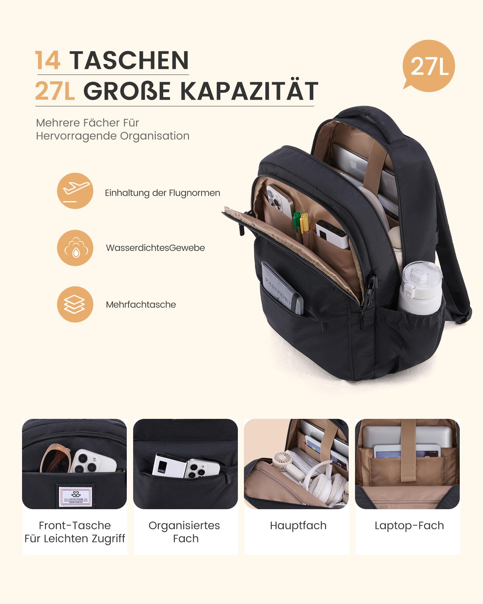 LOVEVOOK Sac à Dos Femme 15,6 Pouces, Sac à Dos Ordinateur Portable pour Filles Adolescentes, Sac à Dos Scolaire Imperméable avec Multiples Compartiments, Sac à Dos Moderne pour Travail, École, Voyage