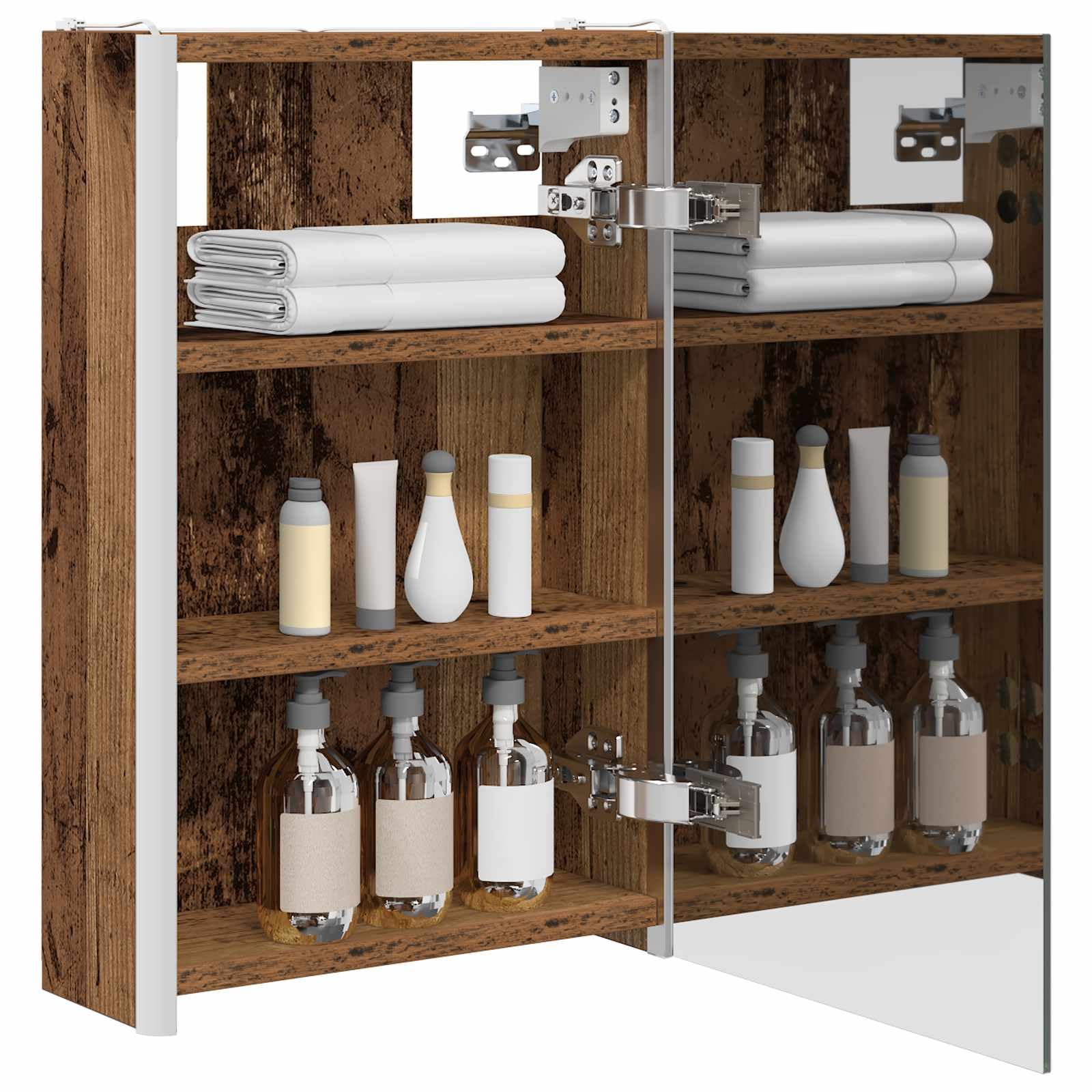 Armadietto da bagno a specchio in legno anticato, 33 x 11,5 x 50 cm, montaggio a parete, con strisce LED, spazio e mensola per lavabo, mobiletto sottolavello, portaoggetti in bagno
