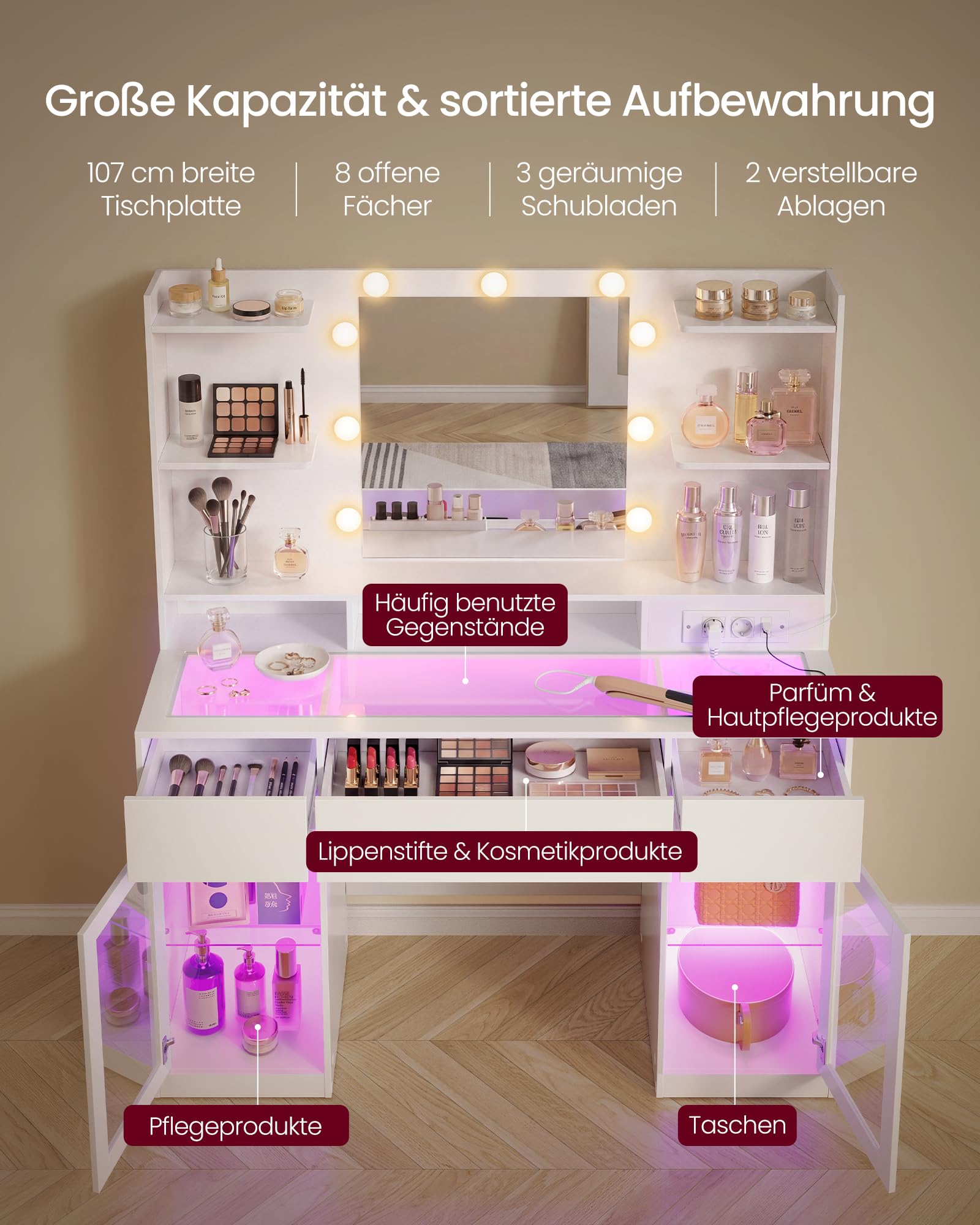 VASAGLE Schminktisch mit Spiegel, Holzspanplatte und Glas, RGB-Beleuchtung und Steckdose, mit 2 Schränken, ohne Hocker, 107 x 40 x 144,5 cm, Weiß, für Schlafzimmer, Kailyn Kollektion RDT145WB01