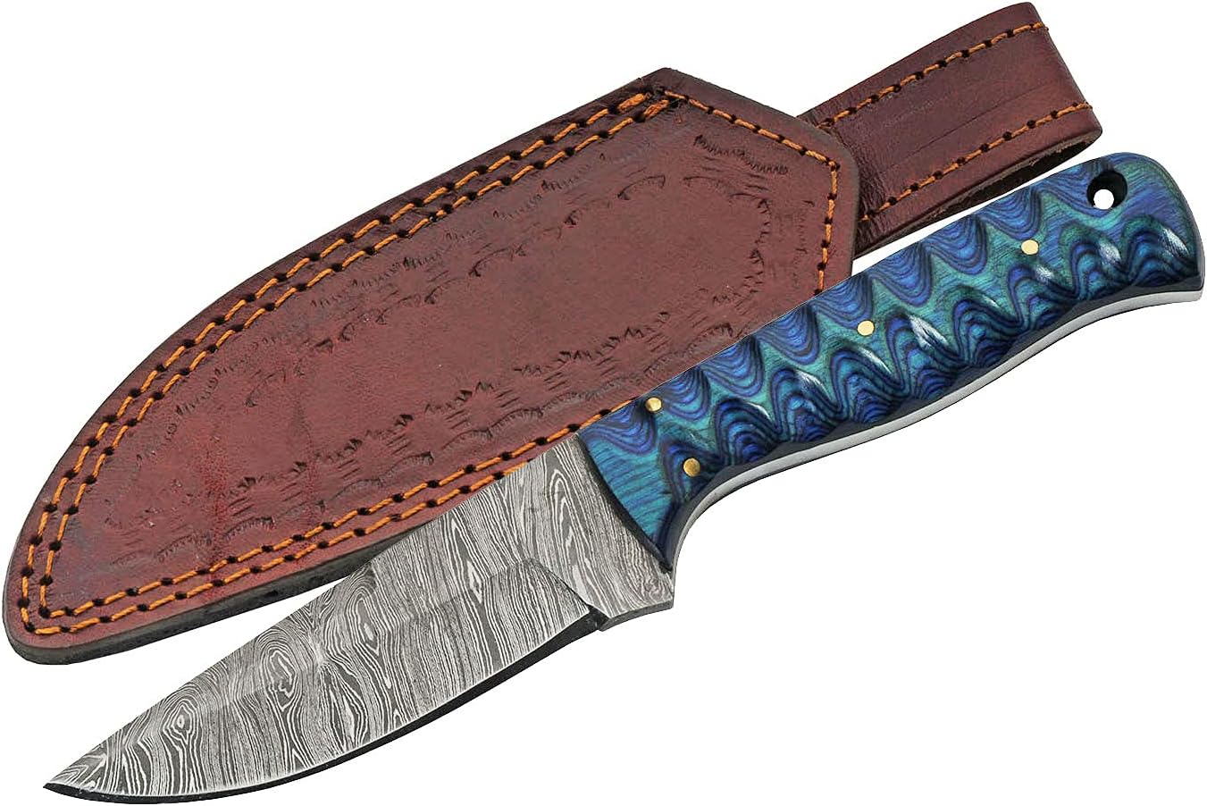 SANZ Damascus Hunting Knife 8 Inch - Sapphire Skinning Knife with Grooved Wood Handle, Full Tang Blade & Sheath - Pocket Knife for Hunting, Camping & Outdoor uses - Knives for Men