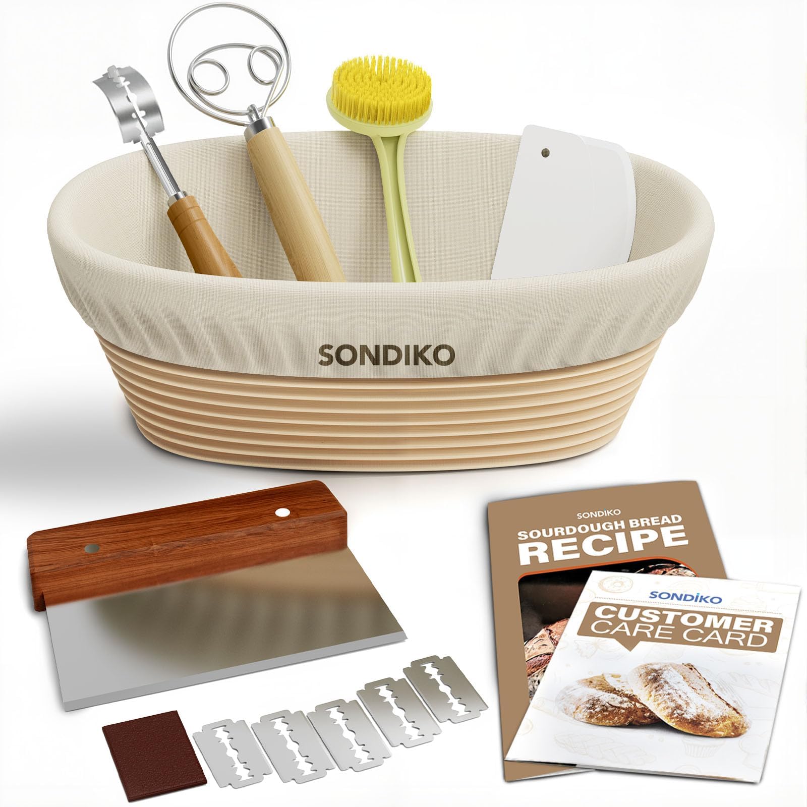 Sondiko Sourdough Starter Kit, Sourdough Bread Baking Supplies, Oval Banneton Bread Proofing Basket Set for Bread Making Tools Supplies, Gifts for Bakers