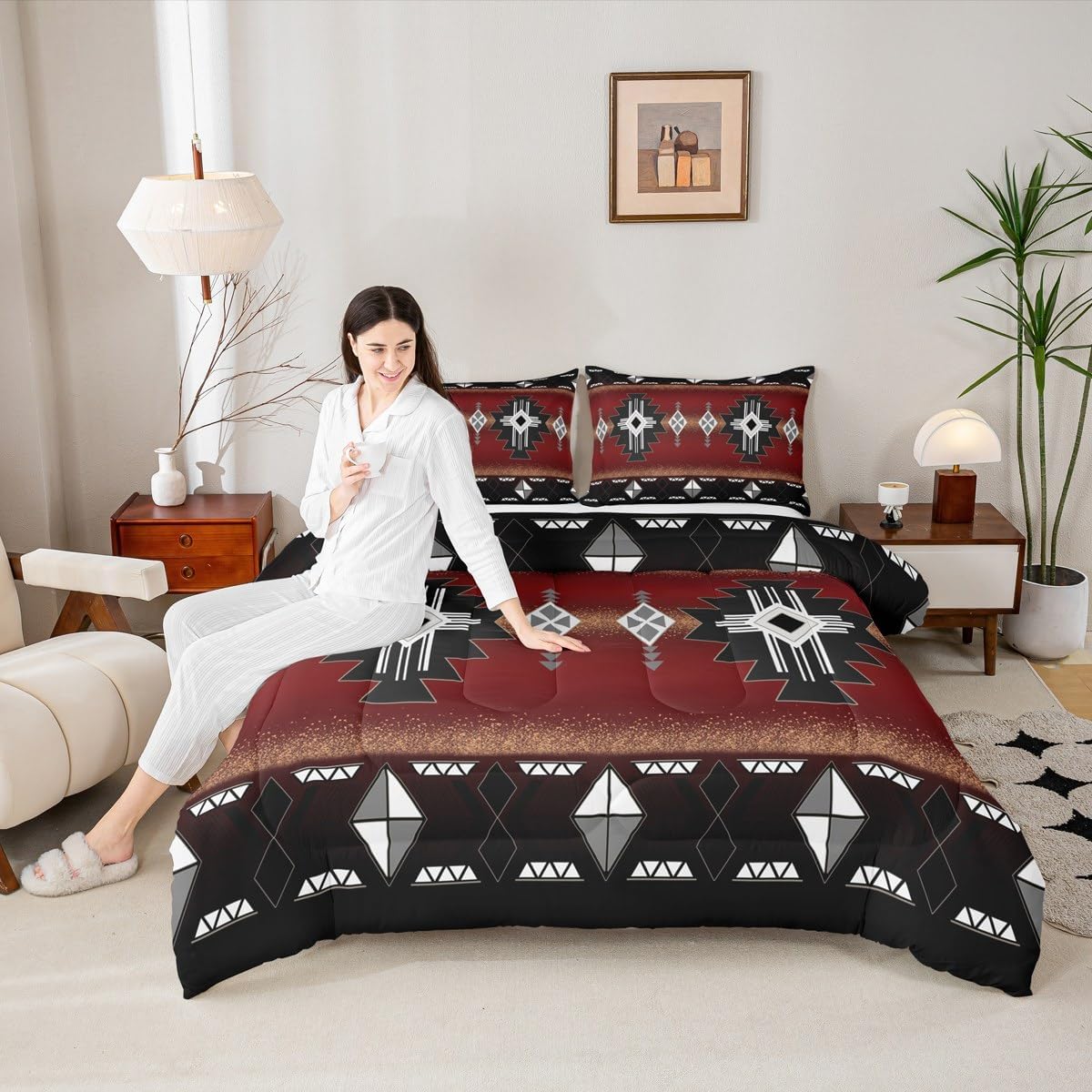 Erosebridal Rustic Western Queen Bedding Set, Southwestern Aztec Comforter Set for Boys Teens Men Bedroom, Exotic American Native Quilt Vintage Bohemian Geometric Bedding Comforter Sets, Red Black