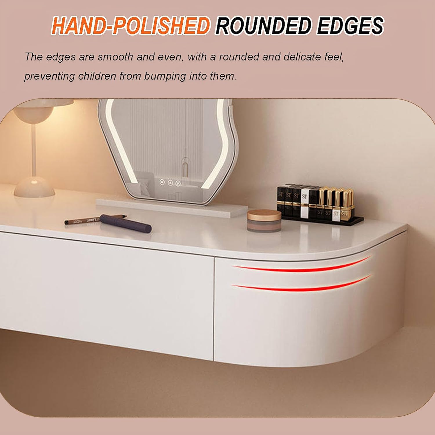Fully Assembled Floating Makeup Vanity Desk with Drawers, Modern Wall Mounted Dressing Table with Rounded Corners, Space-Saving Bedside Vanity for Bedroom Home, Easy Install, White, Desk Only