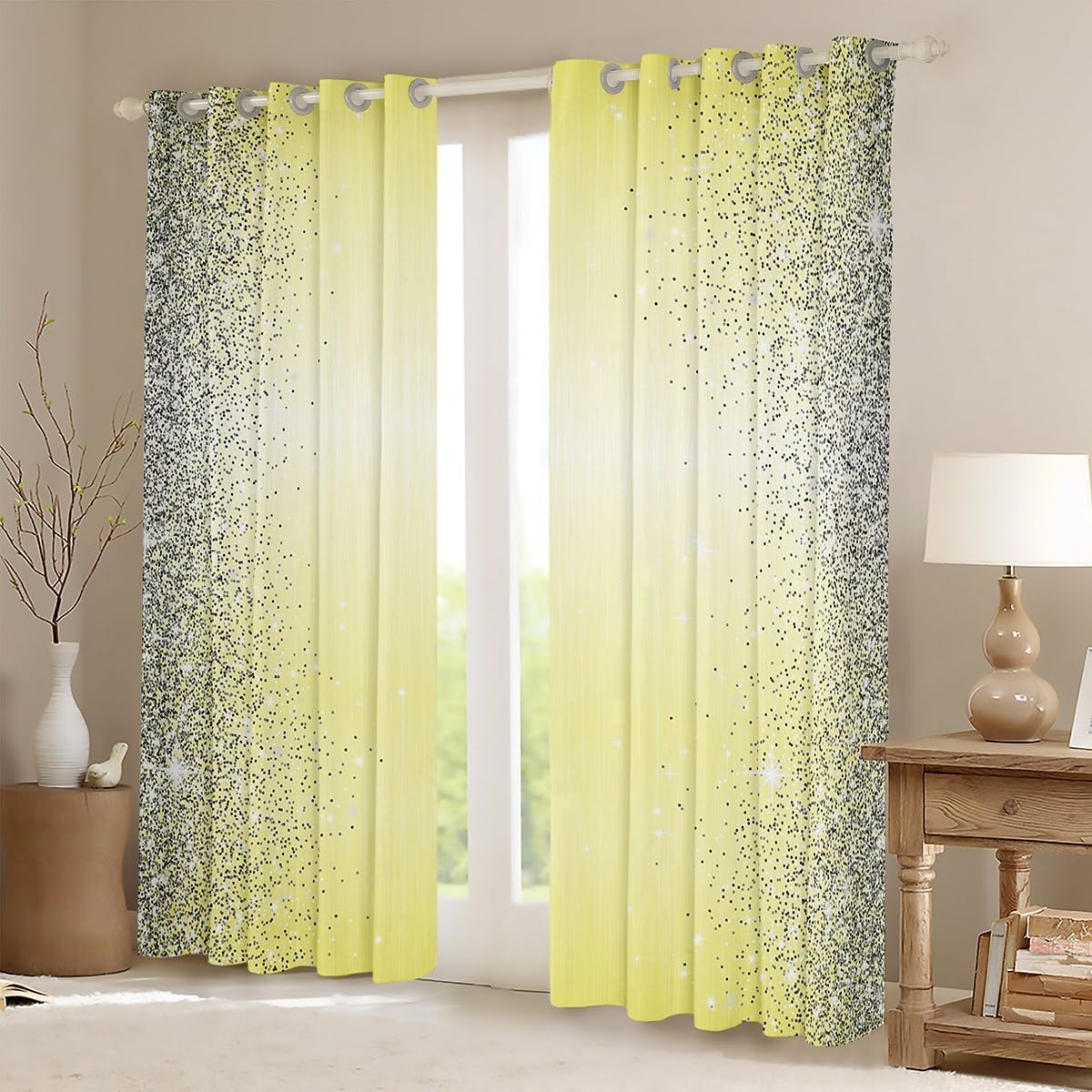 Manfei Abstract Print (No Glitter) Kids Blackout Curtain Fashion Yellow Window Drapes for Boys Girls, Cartoon Print Window Treatments, No Sequins, Grommet Top 2 Panel Set Bedroom Curtain, 38Wx45L inch