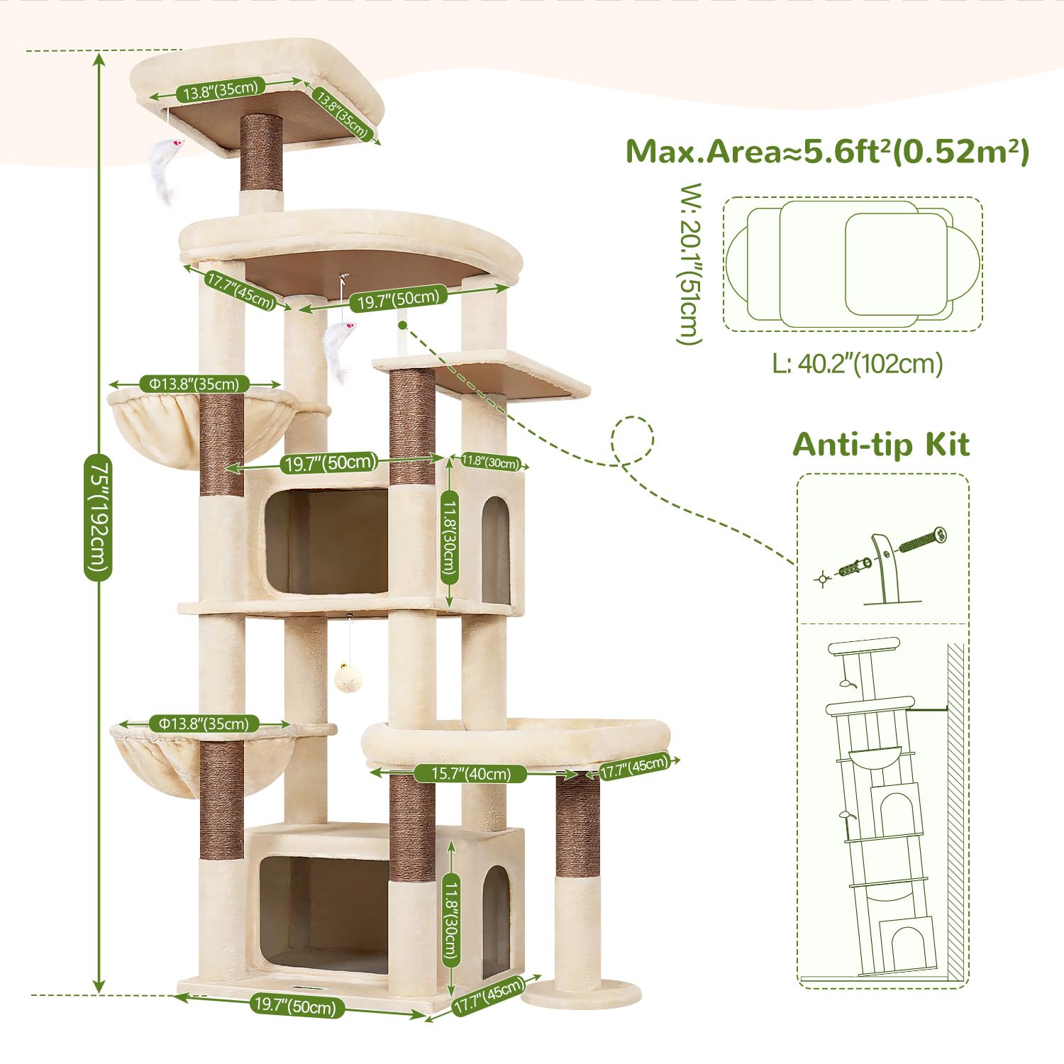 Globlazer Rascador beige XXL para gatos grandes, 192 cm, con 2 cuevas extragrandes, 50 x 30 x 30 cm, plataformas espaciosas, tronco de sisal, rascador estable con soportes para 3 – 5 gatos adultos