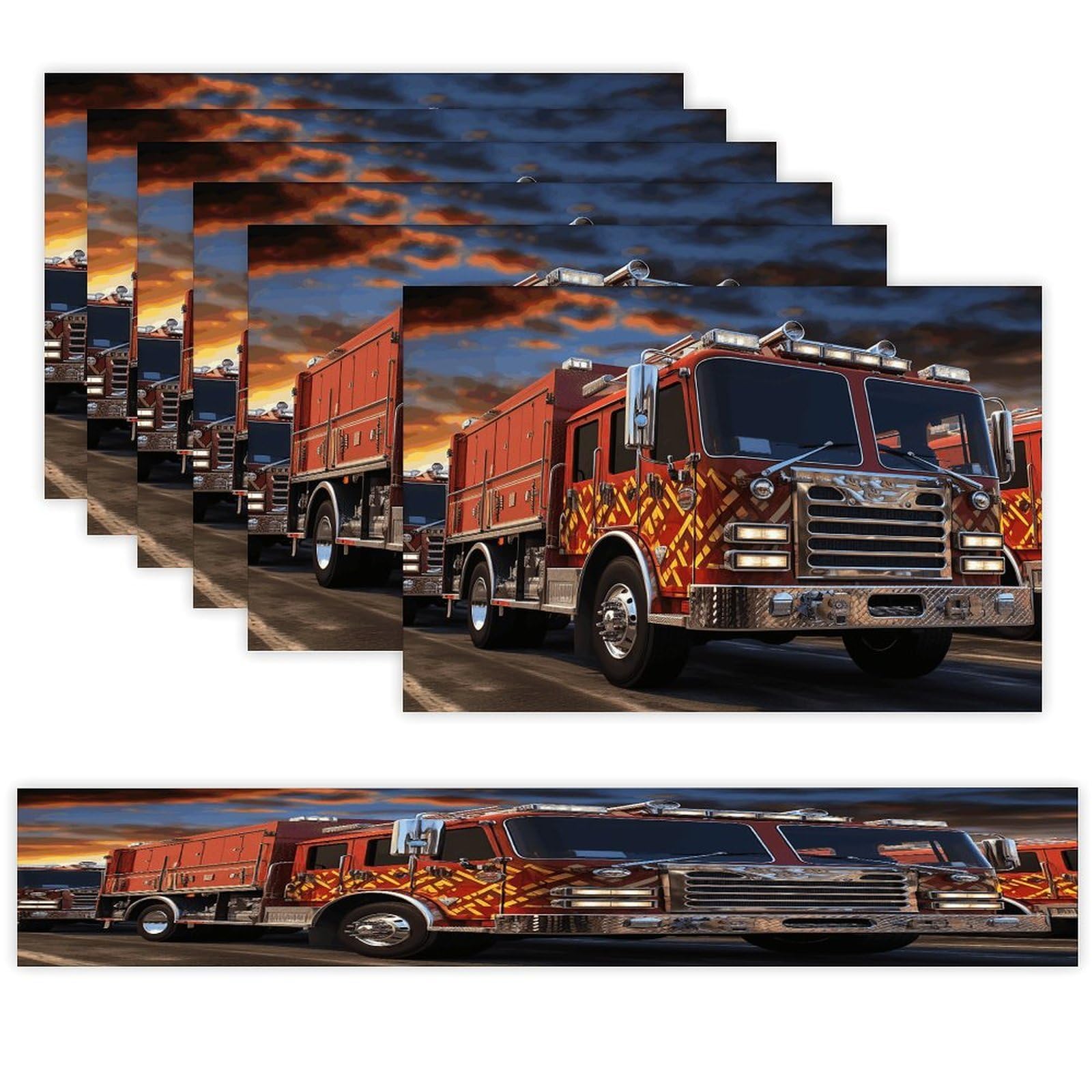 Fire Truck Table Runner and Placemats Set of 6 Heat Resistant Washable Linen Place Mats Farmhouse Long Table Runner Xmas Kitchen Table Mats Art Dining Table Decor for Daily Use