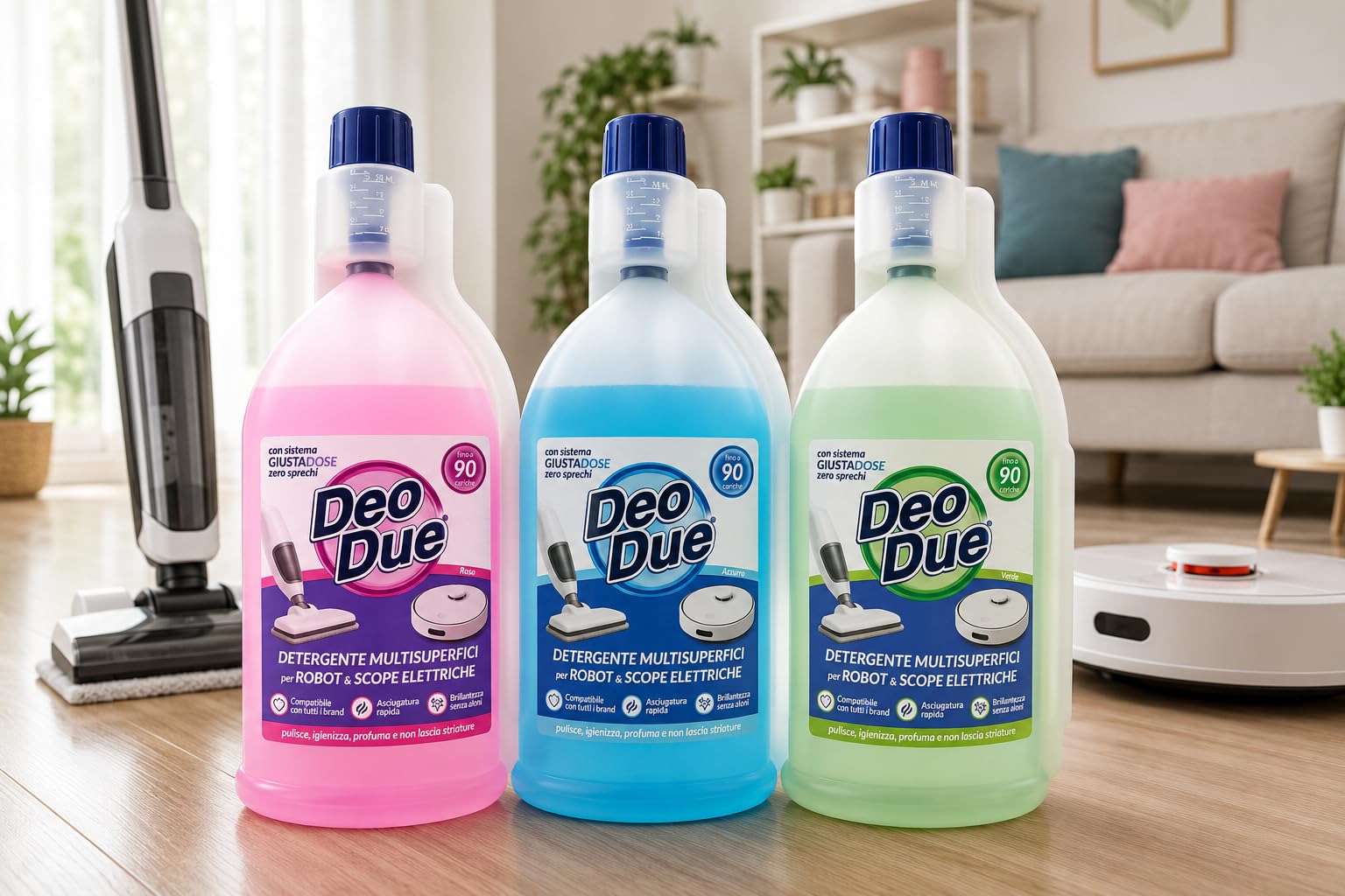 Detergente Multisuperfici per Robot Lavapavimenti e Scope Elettriche 900 ml, Kit 3 Fragranze Assortite Verde Blu Rosa, Compatibile con Tutti i Brand, Asciugatura Rapida, 3 Flaconi