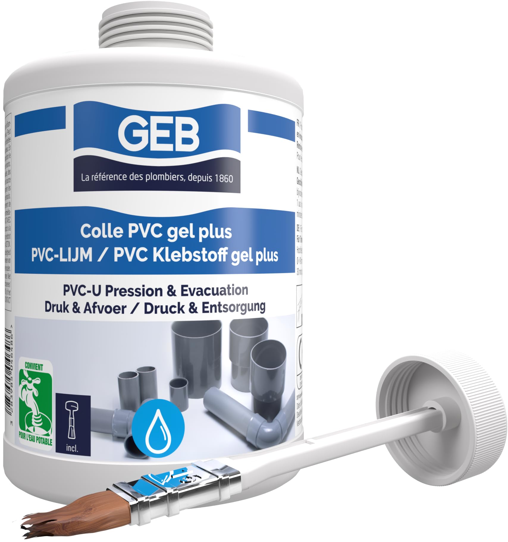 GEB - Pegamento de gel para PVC rígido a presión y evacuación de contacto con agua potable (1 L)