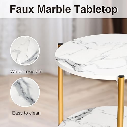 Miniatura 5 de Mesa auxiliar de mármol blanco de 2 niveles, pequeña mesa auxiliar dorada redonda y moderna, mesita de noche para dormitorio y sala de estar, 16