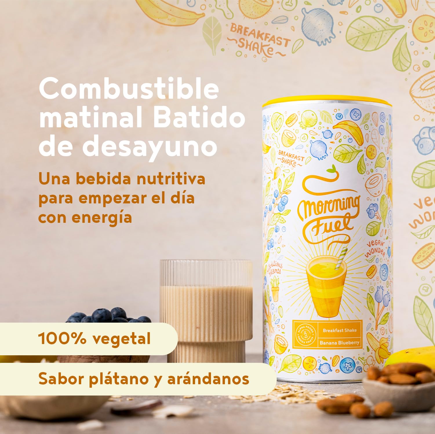 Morning Fuel Batido para Desayunos y Meriendas Nutritivos - con Vitamina B6 y B12 - Batidos Sustitutivos de Comida - Proteina Vegana de Guisantes y Avena - Sabor Plátano y Arándano 600g - Alpha Foods