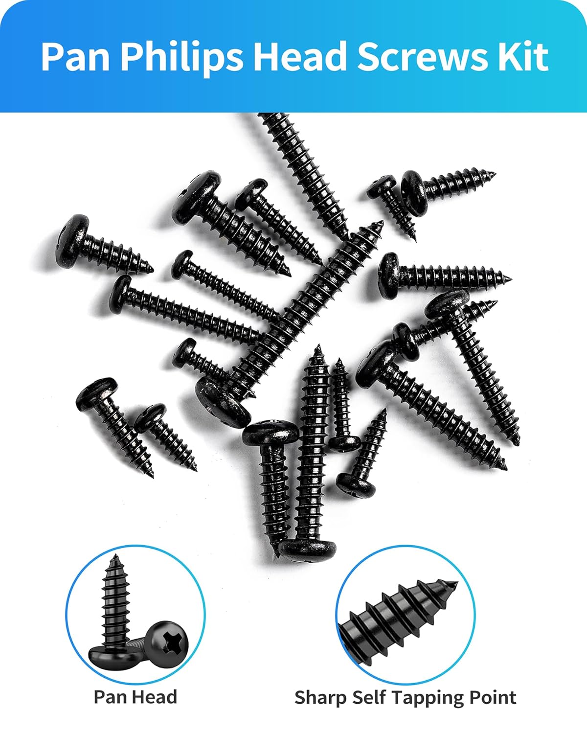 550Pcs 304 Stainless Steel Black Wood Screws Assortment Kit, Phillips Pan Head Sheet Metal Screw Self Tapping Screws Set, #4#6#8#10#12 Wood Assorted Screws (Black-Pan Head 550PCS)