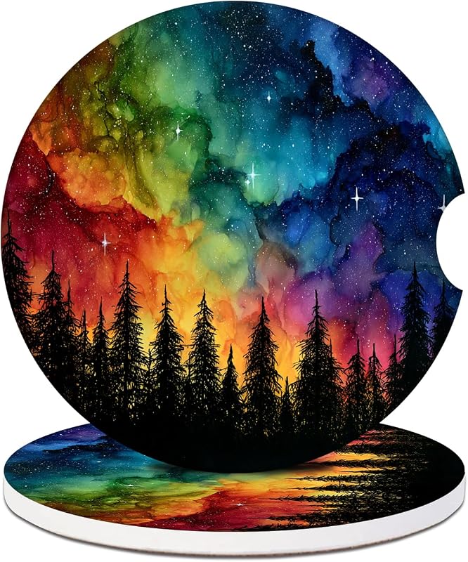 Kit com 2 Porta-Copos para Carro GAMSJM Colorful Foggy Forest em Cerâmica Absorvente, 6,5 cm