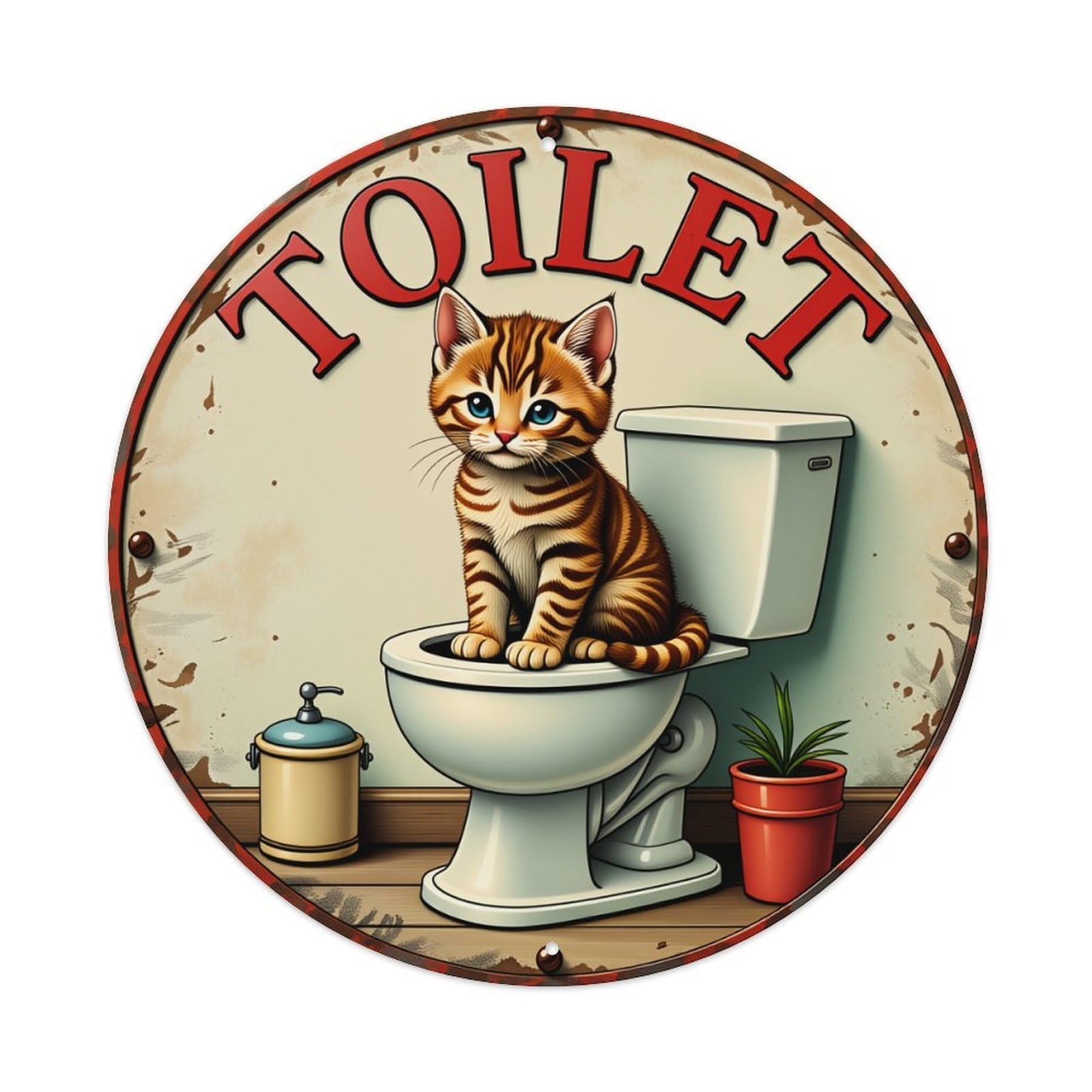 Cat On Toilet With Plant And Soap Dispenser Round Vintage Tin Sign,Retro Wall Art,Metal Poster for Home, Bar, Garage, Cafe, Rustic Indoor & Outdoor Decor, 8x8 Inches