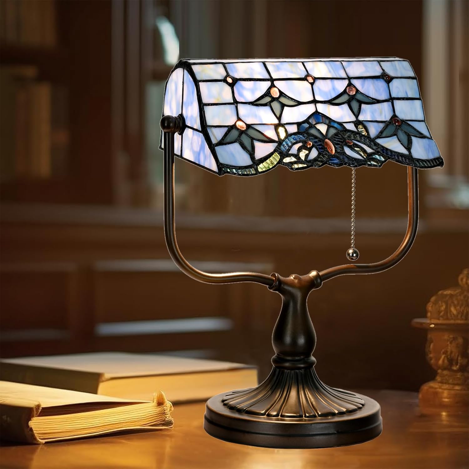 TL0031 Tiffany Banker Desk Lamp Stained Glass Blue Baroque Shade with Vintage Bronze Base W10.25 X OH13 Inch. Perfect for Piano Kitchen Beside Table, LED Bulb Included (Baroque)