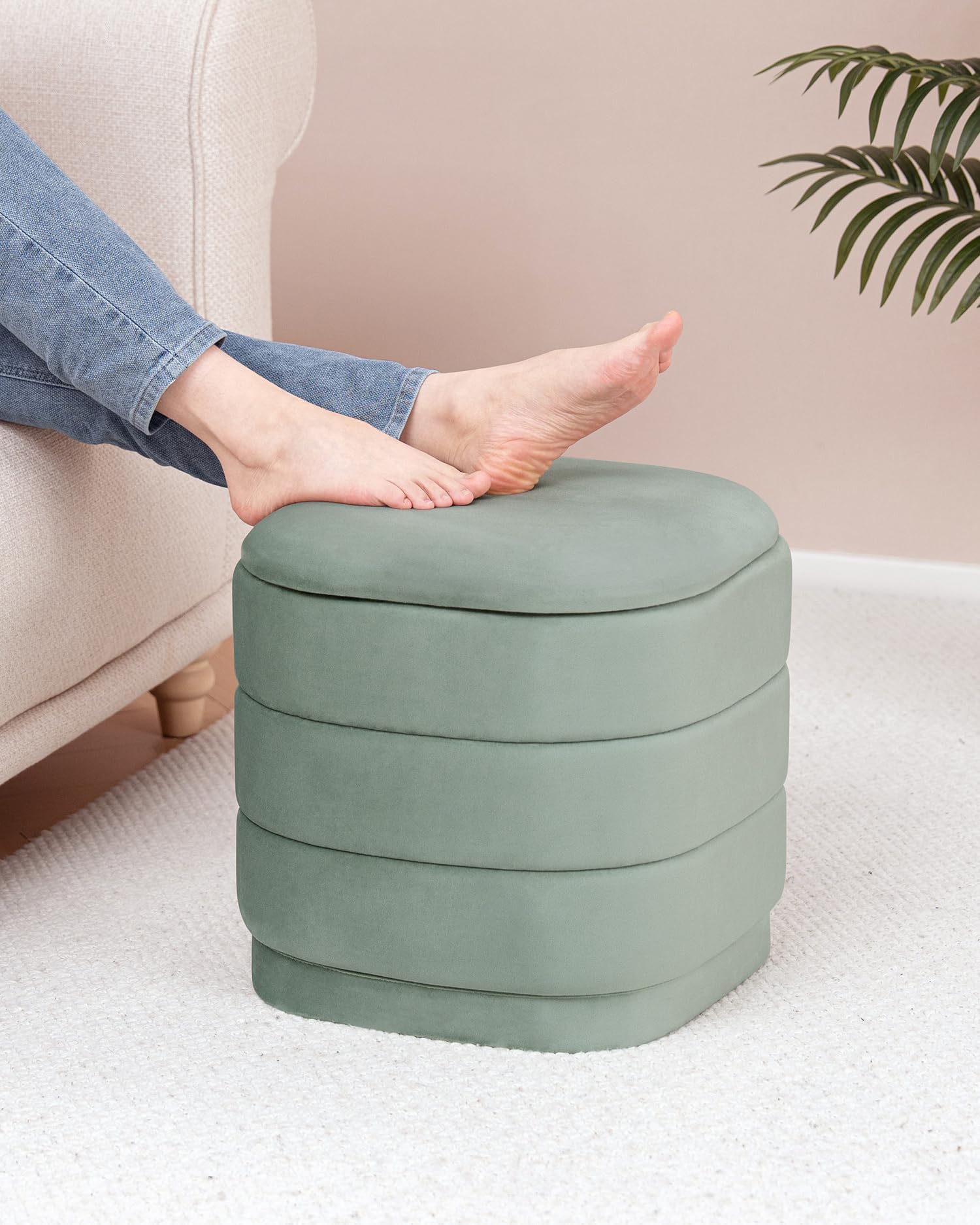 Bonlife Ottoman avec Espace de Rangement,Repose-Pieds Pliable avec Table,Repose-Pieds pour Salon, Chambre à Coucher, Couloir, Velours Couleur Sauge, 38 x 38 x 38 cm