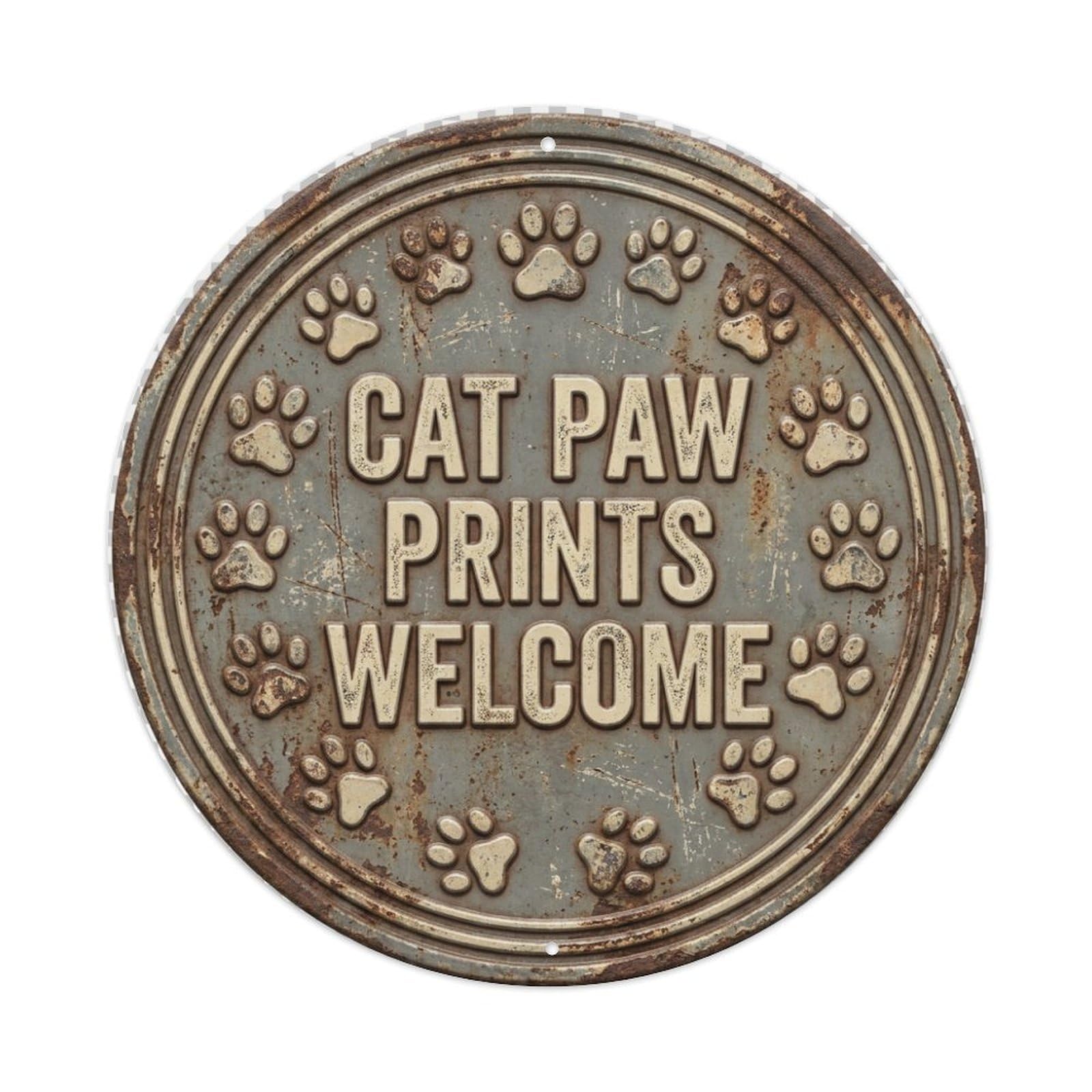 Cat Paw Prints Welcome Meow Metal Tin Sign Plaque Wall Decor for Cafe, Club Bar, Office, Home Garden Round Metal Poster 8x8Inch