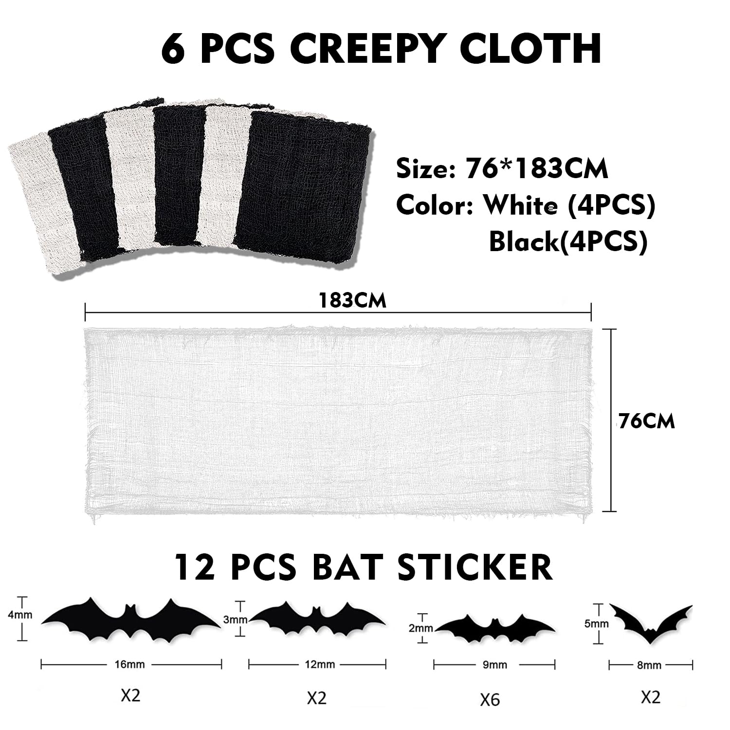 YuSaug Halloween Creepy Cloth, 8Pcs 30 x 72 Inch Scary Spooky Cloth Creepy Gauze with 12 bat Stickers - Image 2