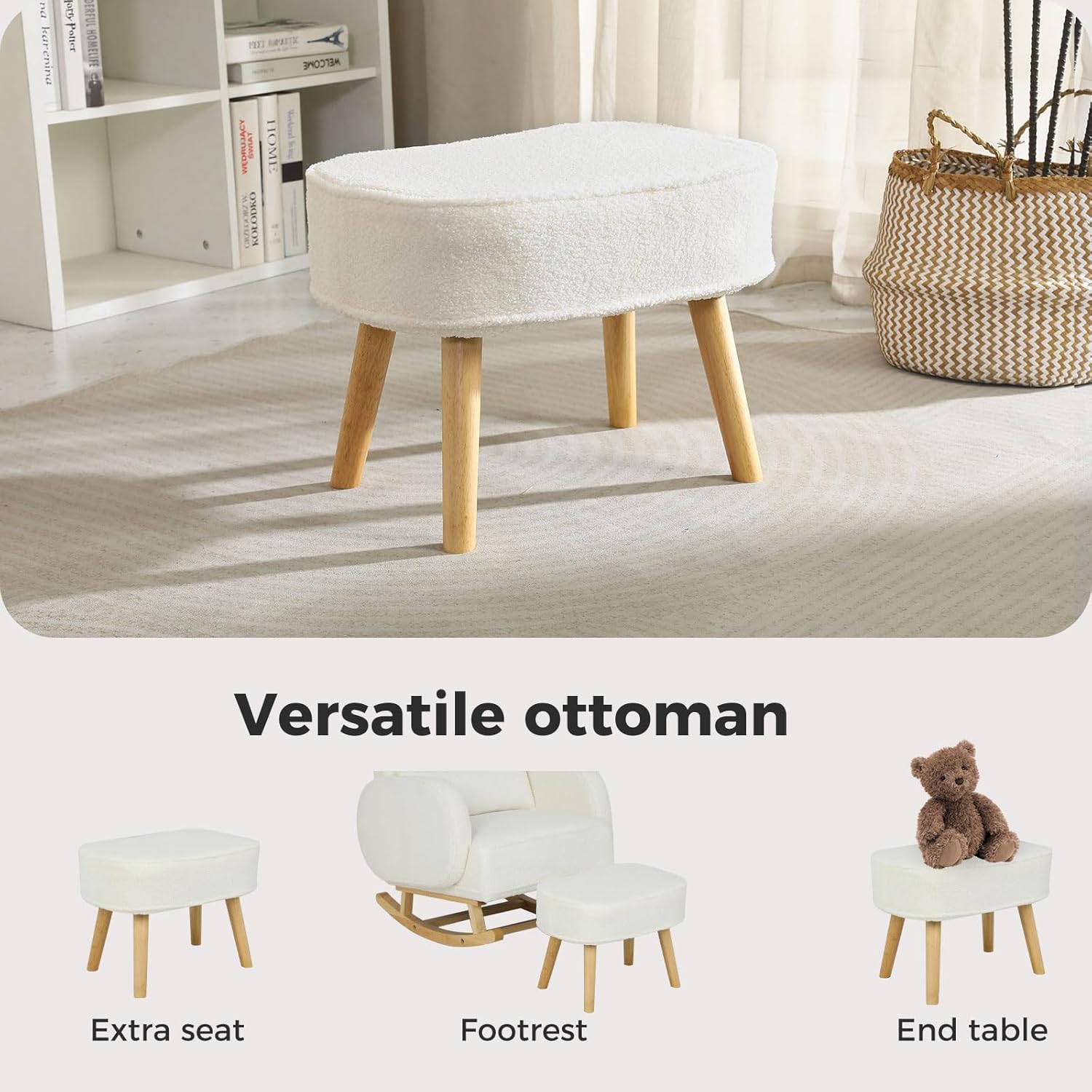 Rocking Chair Nursery with Ottoman, Upholstered Glider Armchair with Footrest for Living Room or Bedroom, Ergonomic Cloud Design, Solid Wood Base, Max Load 85kg, Beige