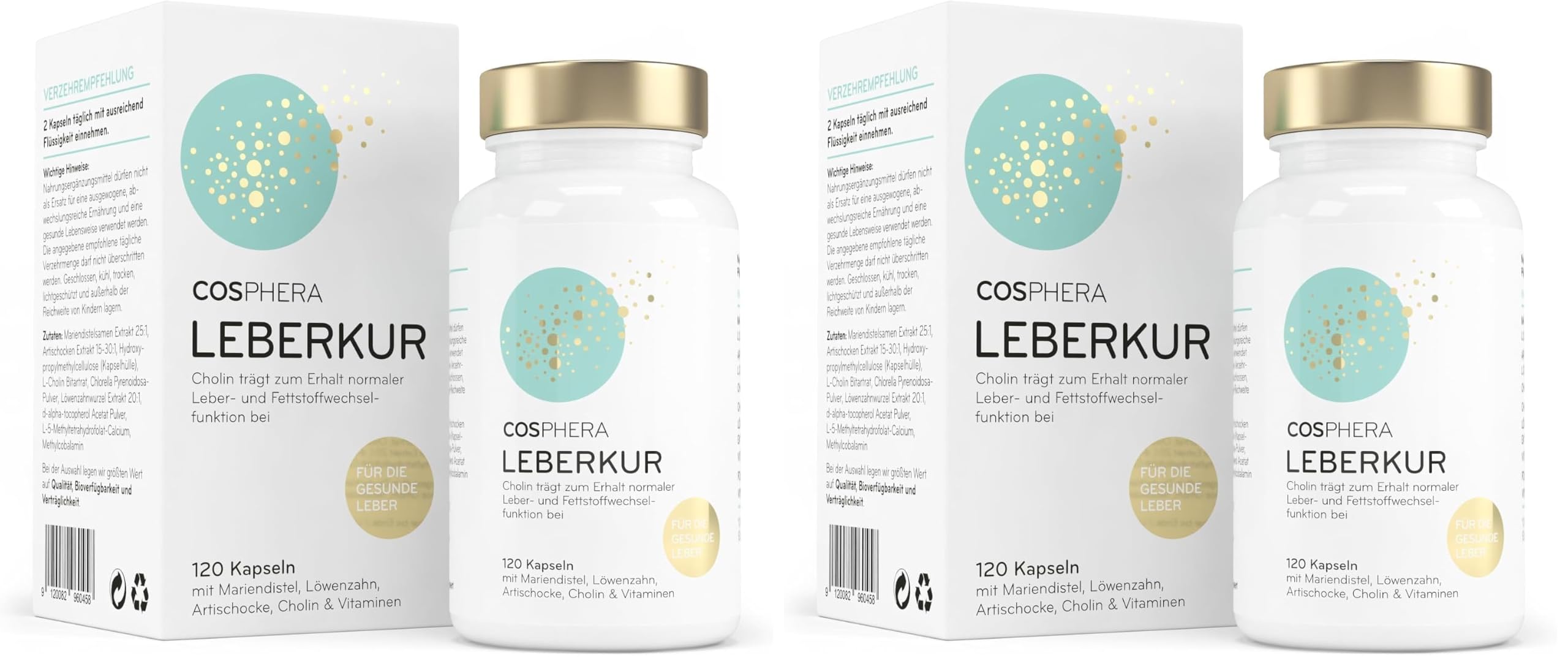 Leber Kur Mariendistel Kapseln hochdosiert - mit 80% Silymarin, Artischockenextrakt, Löwenzahn & Cholin - Unterstützt die Leberfunktion, vegan - 8-Fach Leberkomplex von Cosphera (Packung mit 2)