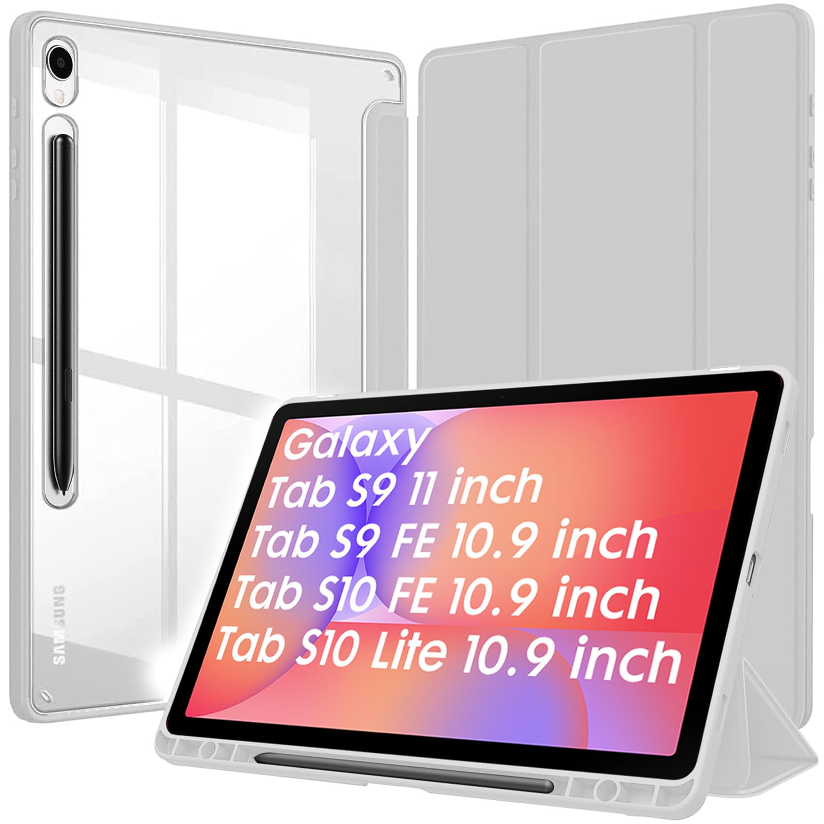 robustrion cover for samsung galaxy tab s10 fe 10.9 inch / s9 fe 10.9" / s9 11" case with [s pen holder],hybrid flip cover for samsung galaxy tab s9/ s9 fe/ s10 fe tablet [auto sleep wake] - grey