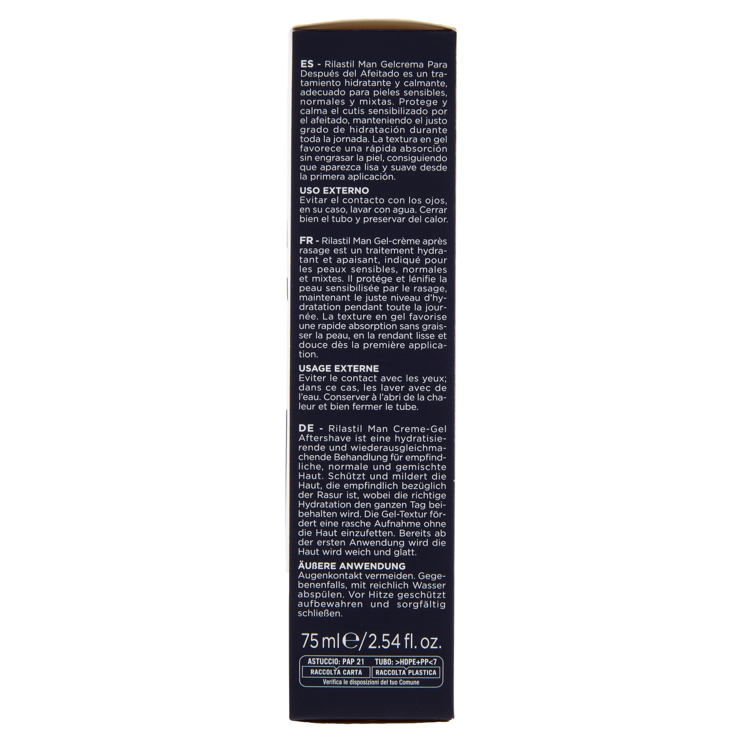 Rilastil Man Gel Crema Dopobarba, Trattamento Idratante e Riequilibrante, Pelli Sensibili, Normali e Miste, Riequilibrante e Lenitivo, con Acido Ialuronico, Confezione da 75ml
