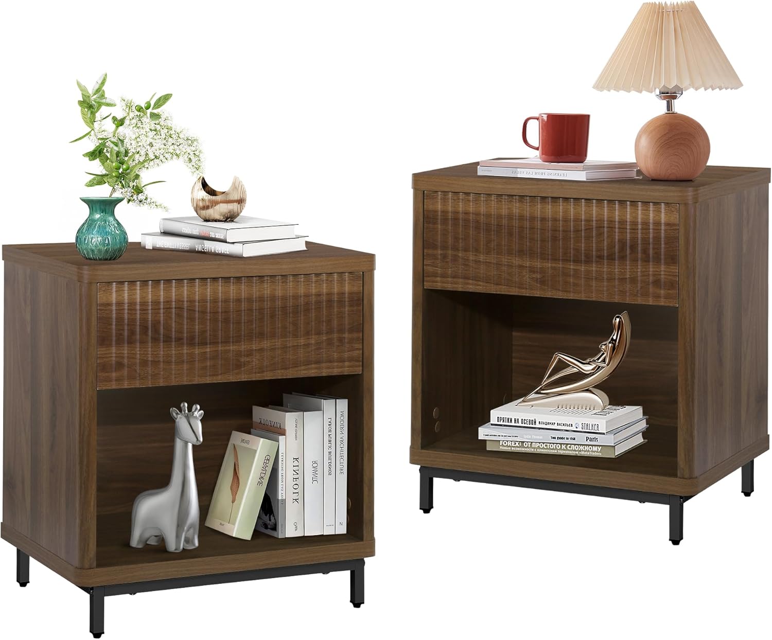 Fluted Night Stand Set of 2 Nightstands with Drawer Storage, Mid Century Bed Side Table End Table with 4 Metal Legs and Open Shelf for Small Spaces, Bedroom, Living Room (Walnut)