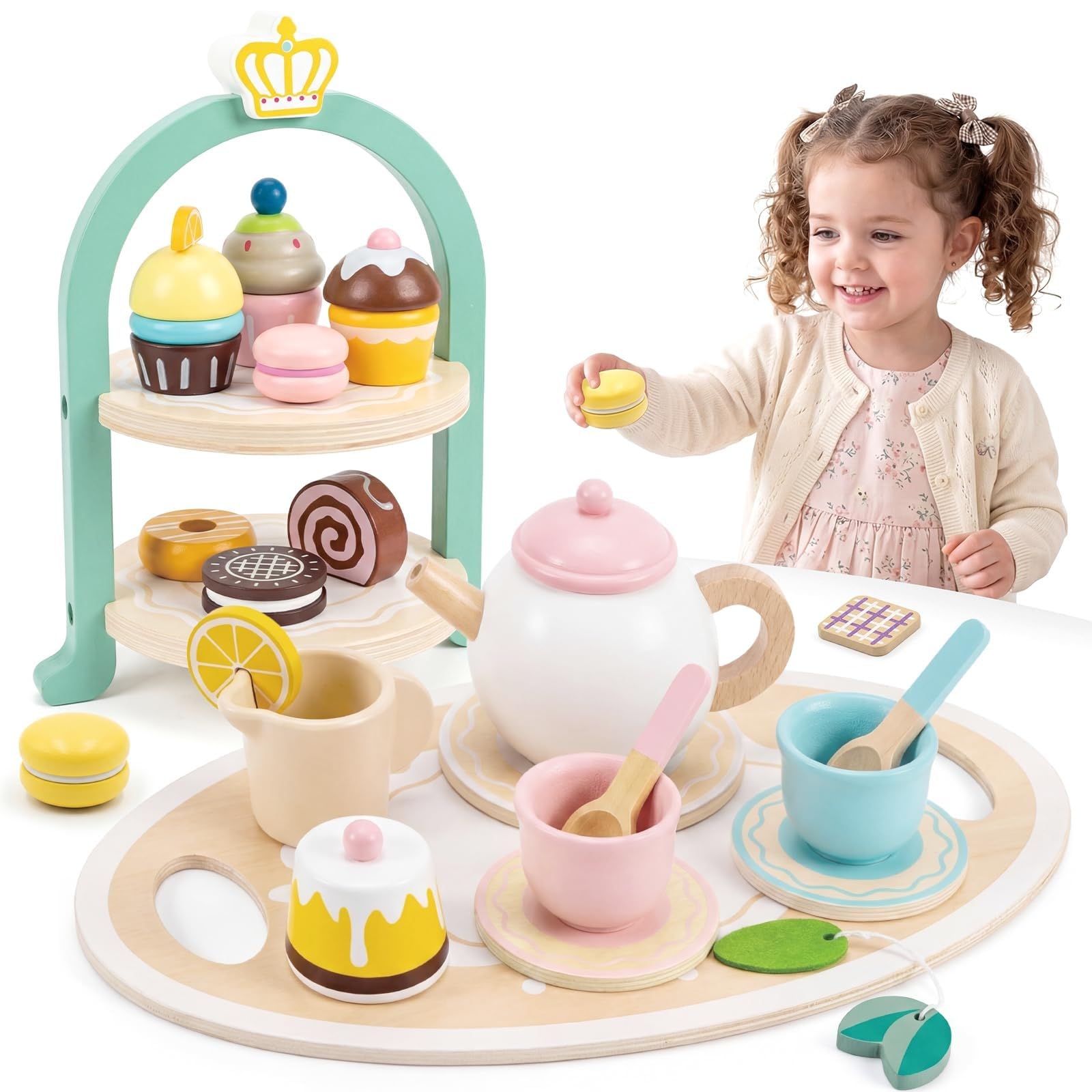 Juego de postres de madera para niños, juguete de cocina con utensilios, regalo de aprendizaje para niños y niñas, juego de cocina de cumpleaños, fiesta de té de madera, juego de cocina para niños de