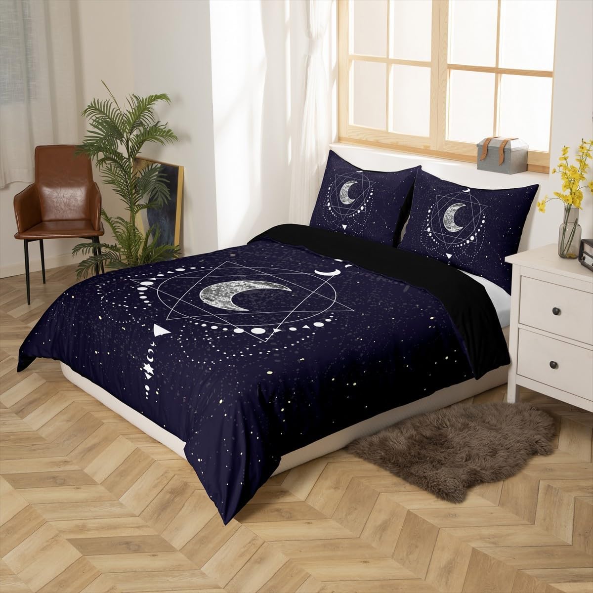 Erosebridal Sun Moon Bedding Set Geometric Comforter Cover Triangle Round White Dot Galaxy Starry Sky Bedspread Cover, Decor 3 Pieces Duvet Cover with 2 Pillow Shams, Full Size, Navy Blue