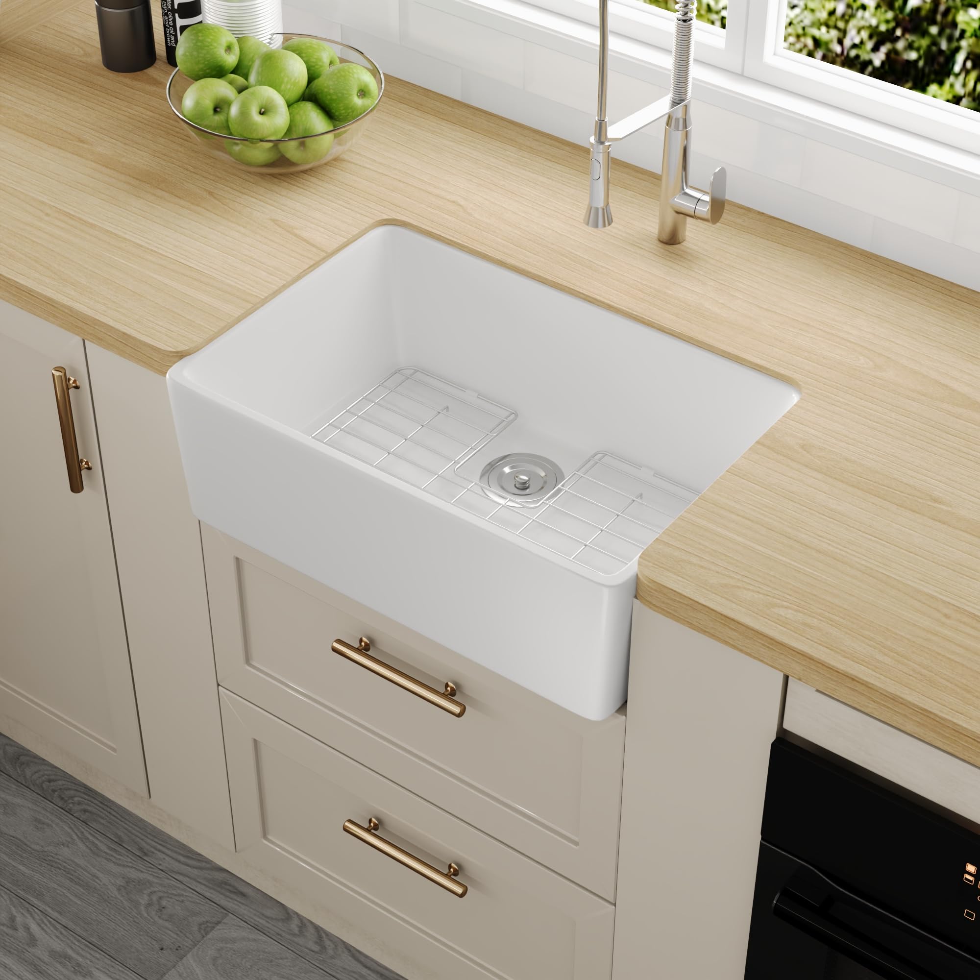 Deervalley White Apron Front Ceramic Kitchen Sink White 60.5 X 40.8 Cm, Farmhouse Apron Front Kitchen Sink, Single Bowl Undermount Sink, Easy To Clean, Includes Strainer & Grid