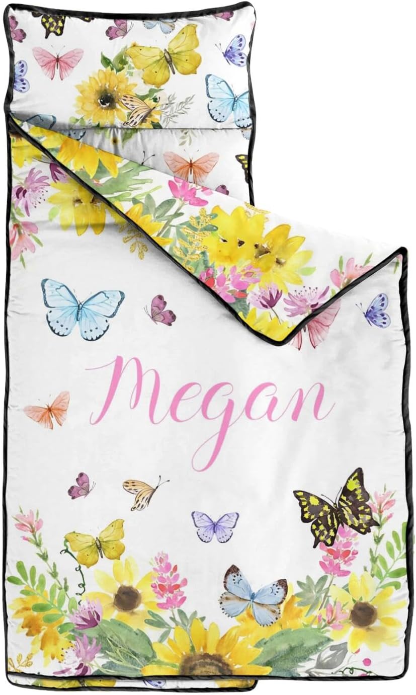 Personalized Toddler Nap Mat for Girls with Name – Custom Butterfly Sleeping Bag with Blanket & Pillow, Soft Roll Up Nap Mat for Preschool, Daycare & Kindergarten