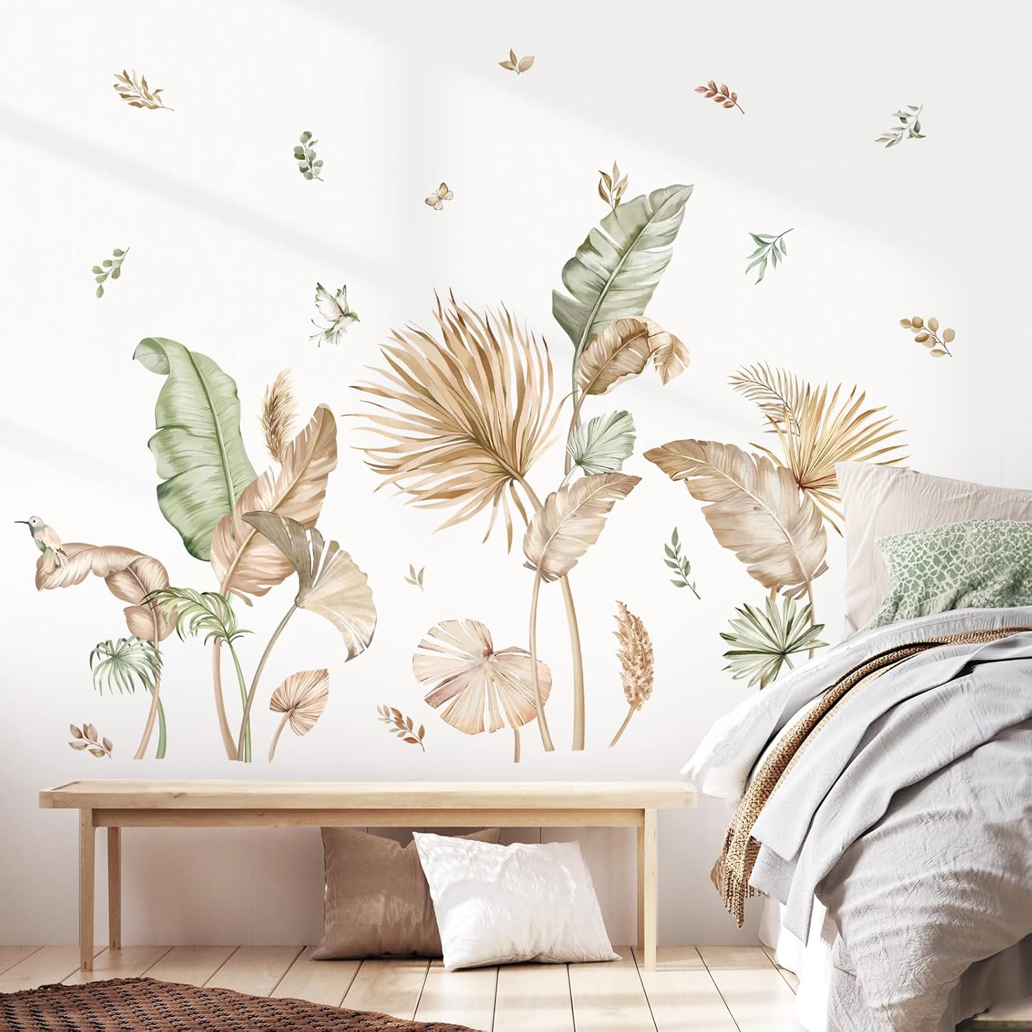 Decalmile Boho Tropical Leaves Wall Decals - Palm Leaf Green Plants Wall Art Stickers for Living Room, Sofa, TV Background