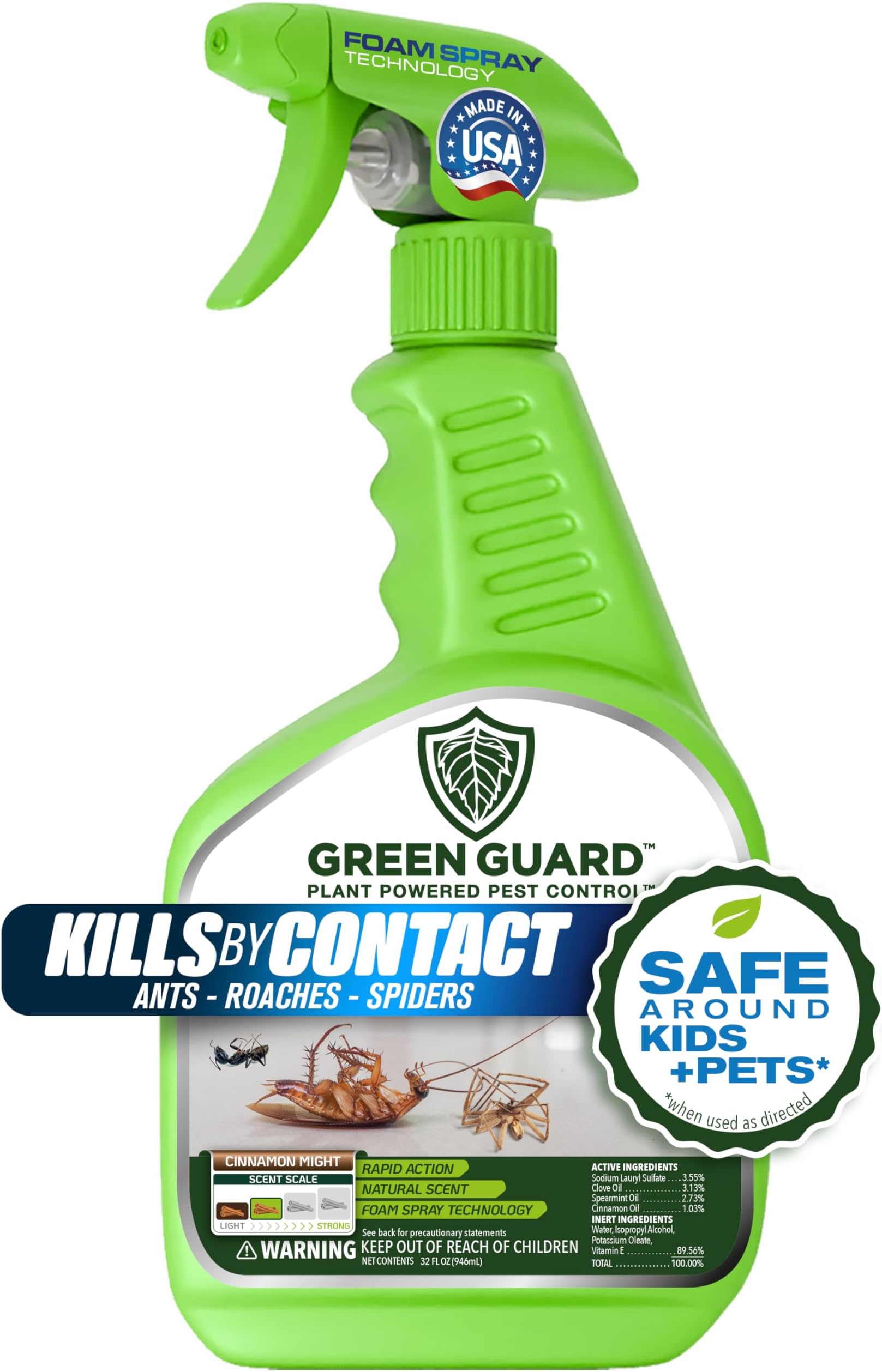 Green Guard Pest Control Spray - Indoor & Outdoor Killer of Ants, Roaches, Spiders & Other Crawling Insects, Safe Around Children & Pets, Plant-Based, Pleasant Scent (Cinnamon Might, 32oz)