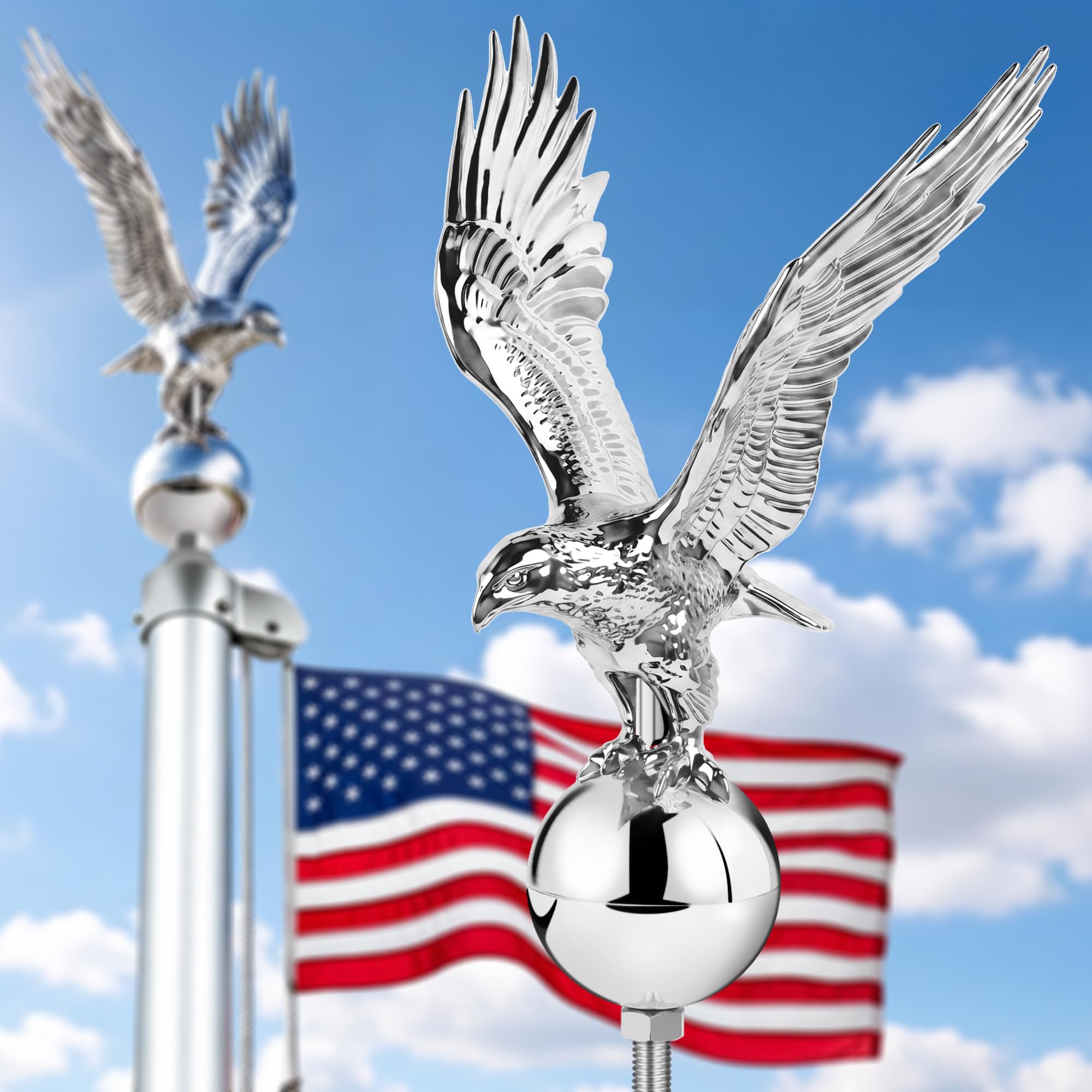 Silver Eagle Flag Pole Topper with Ball , 13" Ornament Fit 15-30 Flagpoles