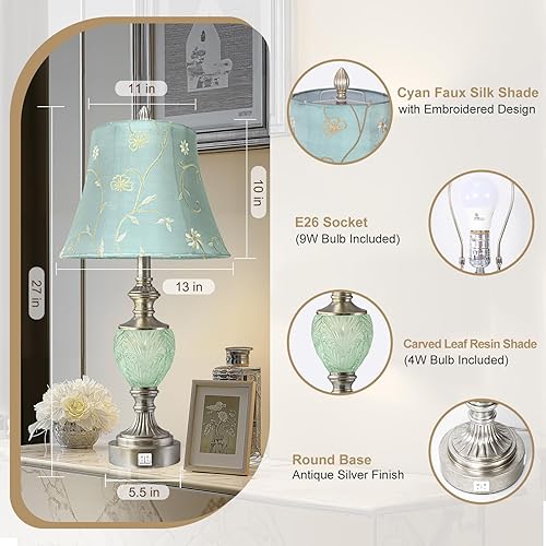 Miniatura 2 de Juego de 2 lámparas de mesa de noche con luz nocturna y puertos USB A+C, lámparas de mesa vintage de 27" de alto con acabado de hoja de plata